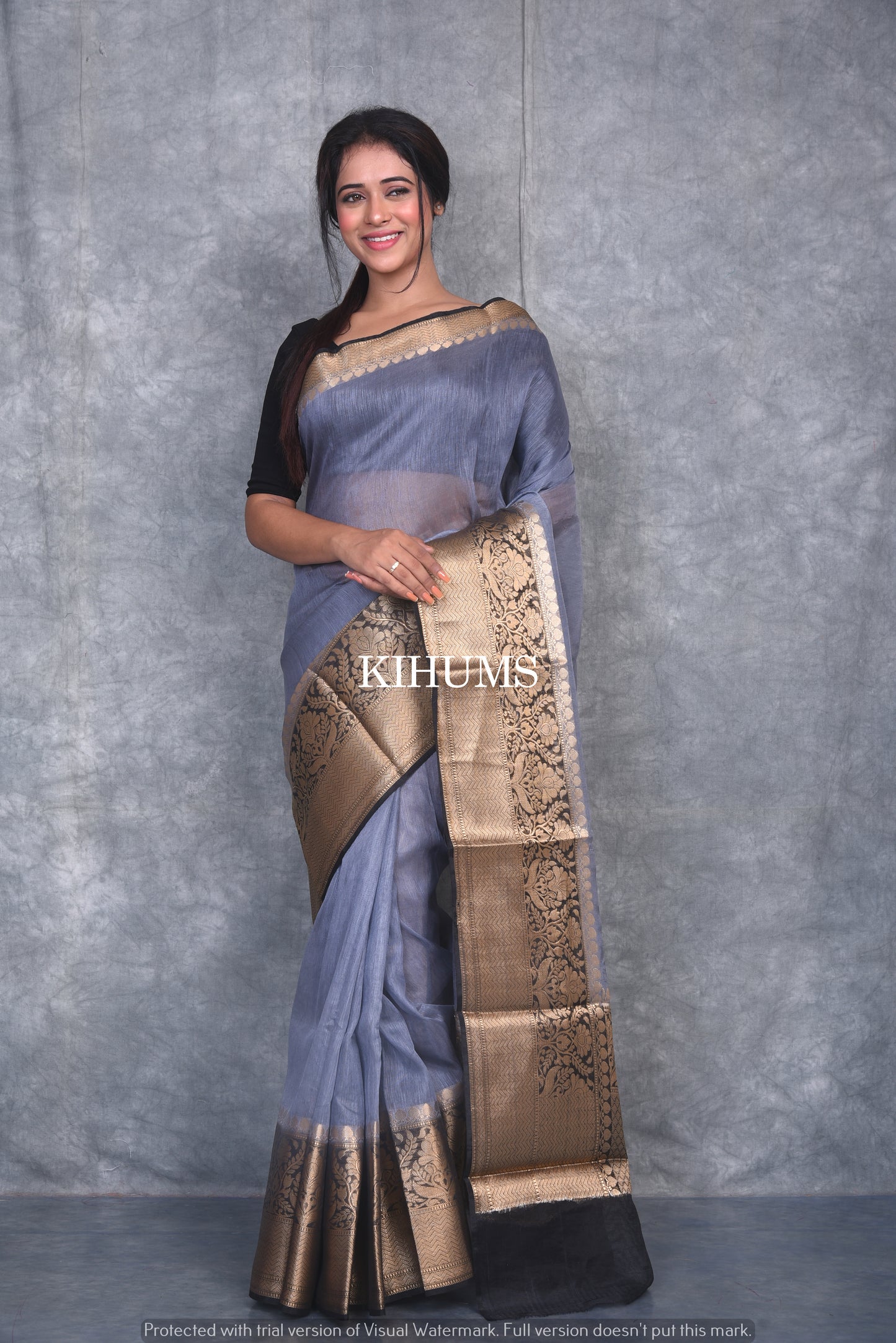 Banarasi Silk Linen Saree | Black and Gold Zari Border | Grey Body | KIHUMS Saree