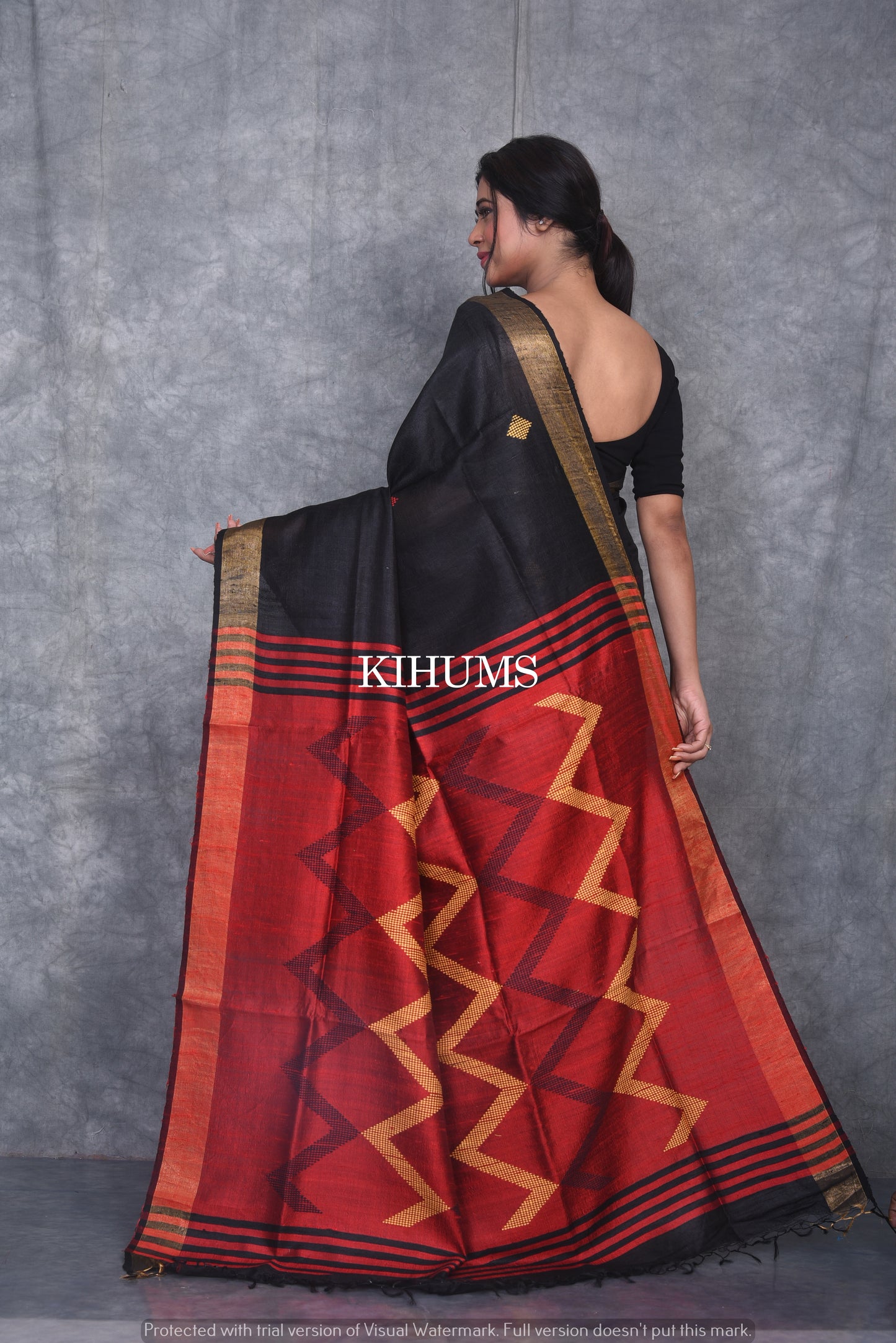 Black Shade Handwoven Tussar Dupion Raw Silk Saree | KIHUMS Saree