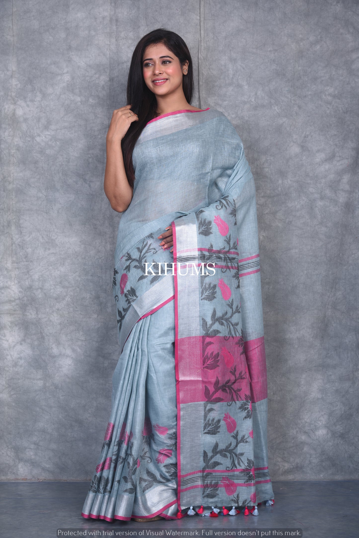 Cool Grey Shade Pure Linen Saree | Thread Woven Floral Design | Silver Zari borders | KIHUMS Saree