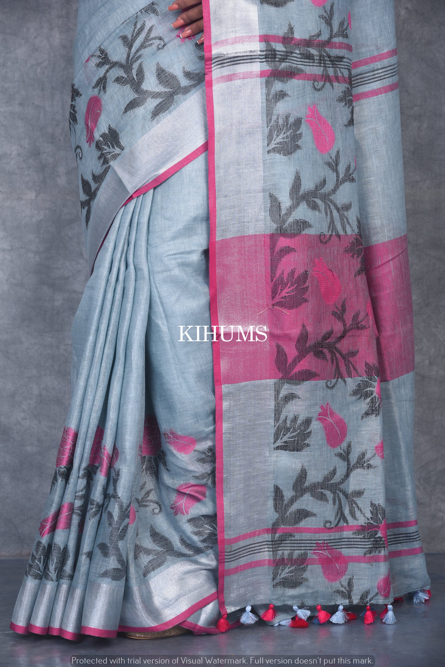 Cool Grey Shade Pure Linen Saree | Thread Woven Floral Design | Silver Zari borders | KIHUMS Saree