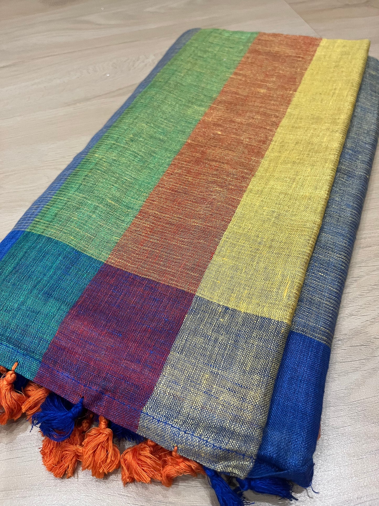 Multicolor Handwoven organic Linen Saree with Gold Zari woven| KIHUMS Saree
