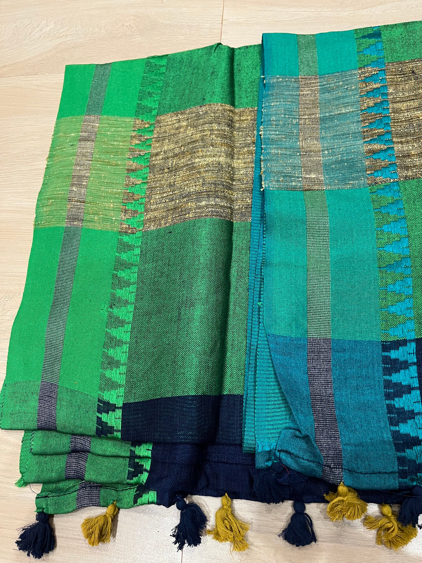 Dark Blue Handwoven organic Linen Saree | Dual shade temple border | KIHUMS Saree