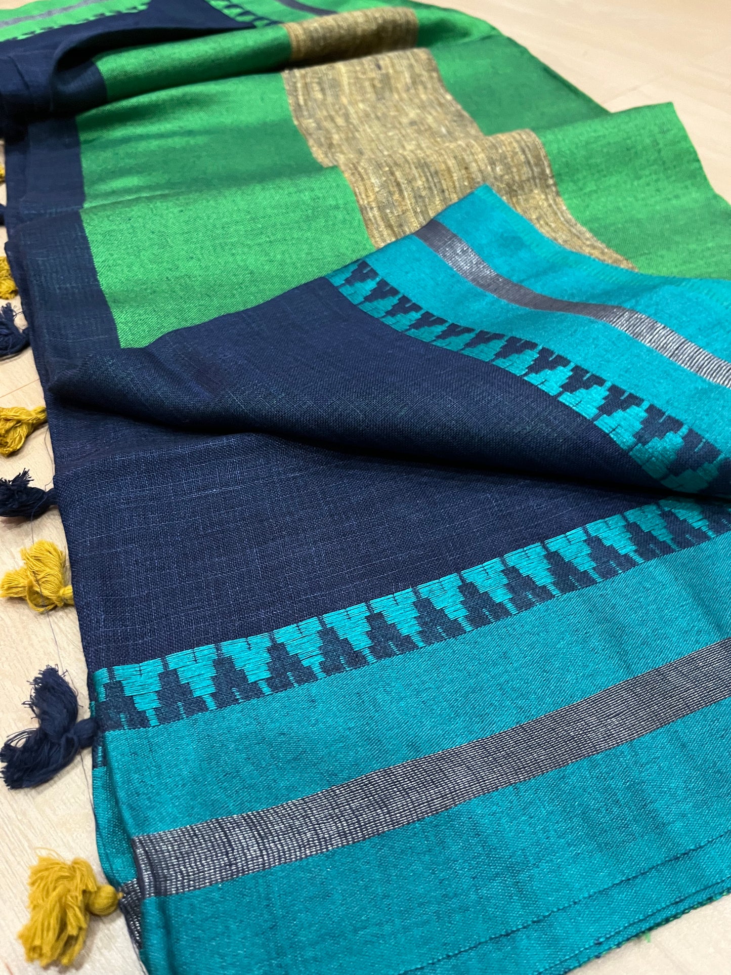 Dark Blue Handwoven organic Linen Saree | Dual shade temple border | KIHUMS Saree