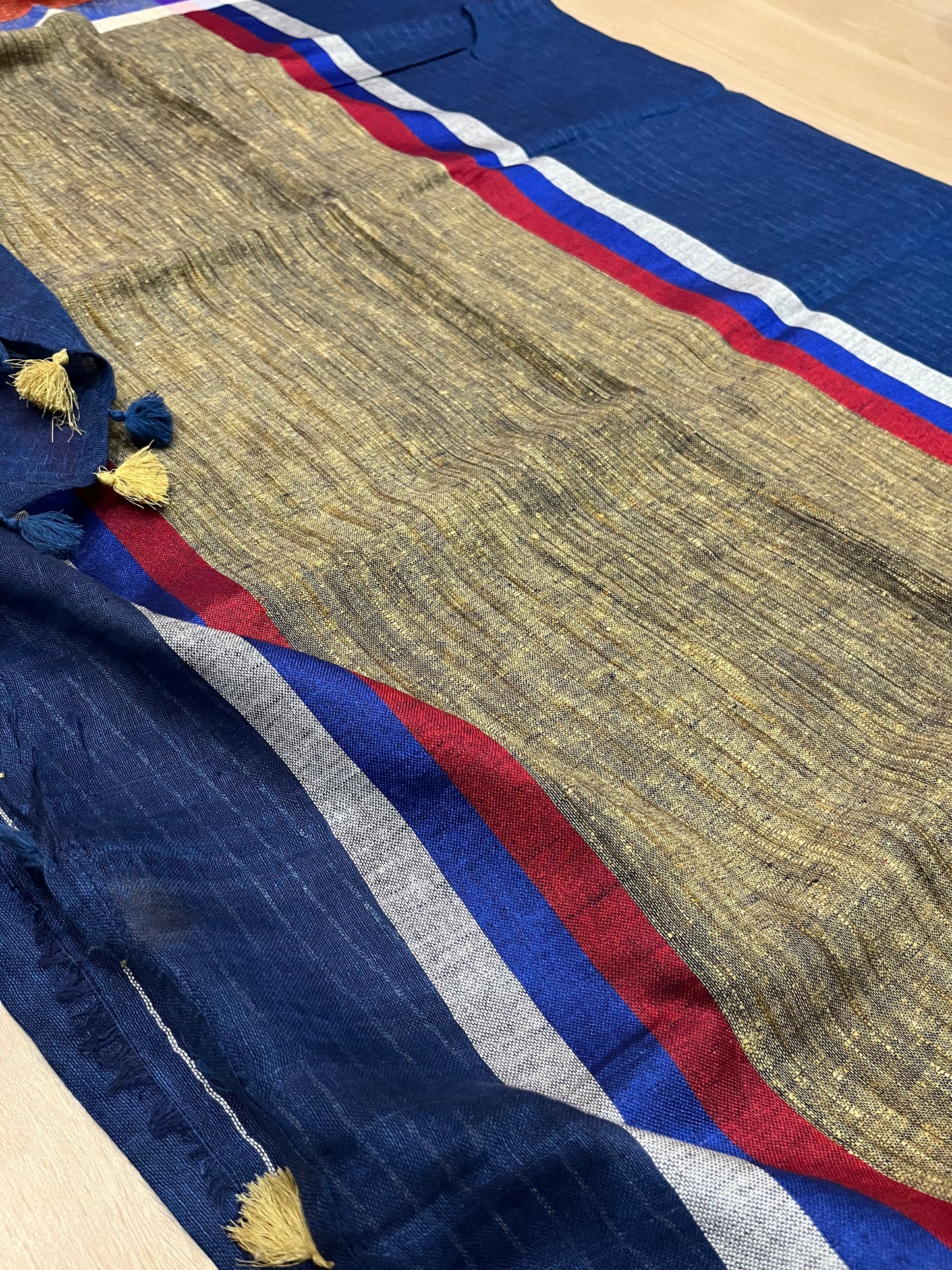 Dark Blue Handwoven organic Linen Saree | Contrast border | KIHUMS Saree