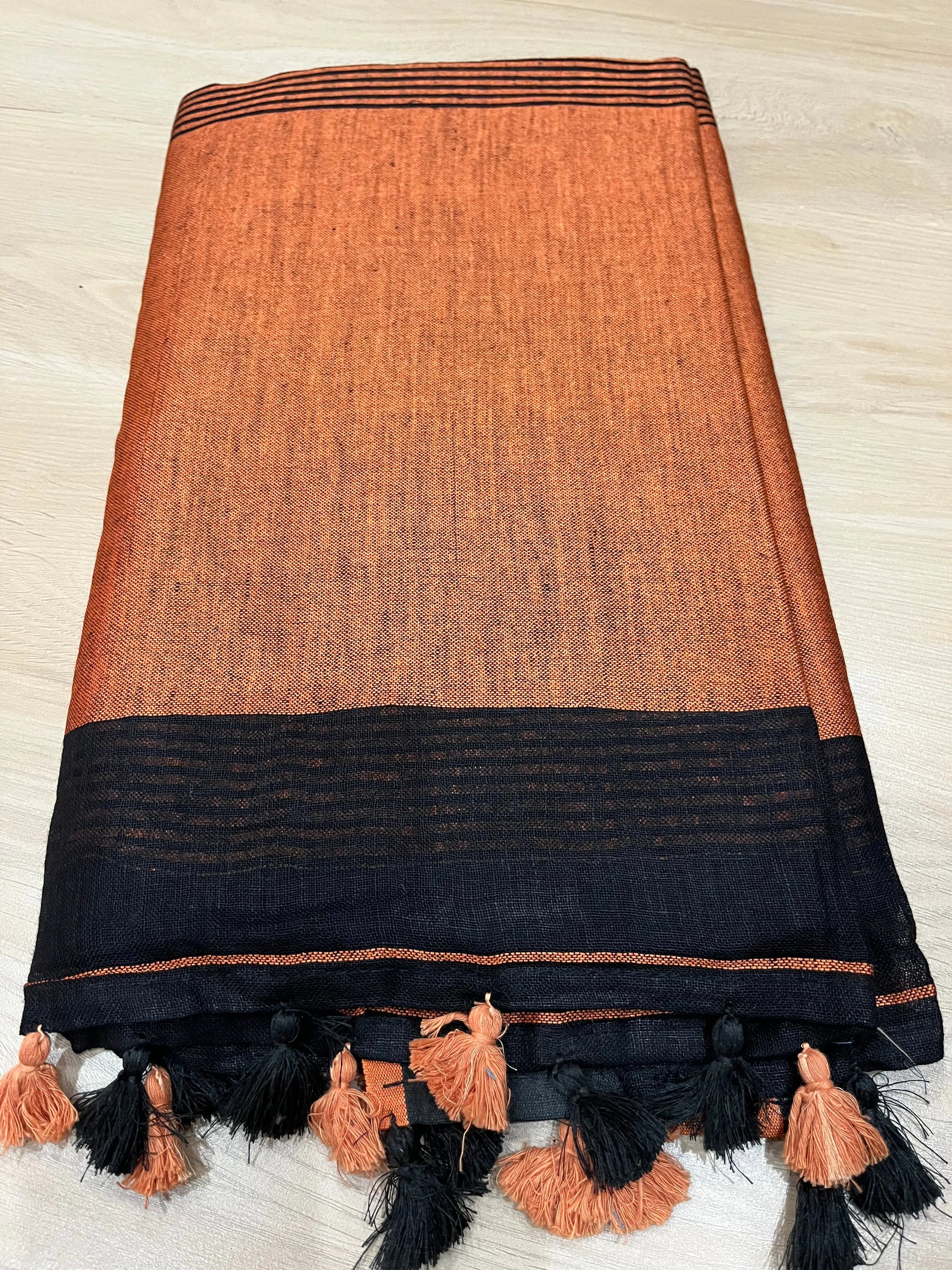 Black Handwoven organic Linen Saree | Contrast border | KIHUMS Saree kihums clothing