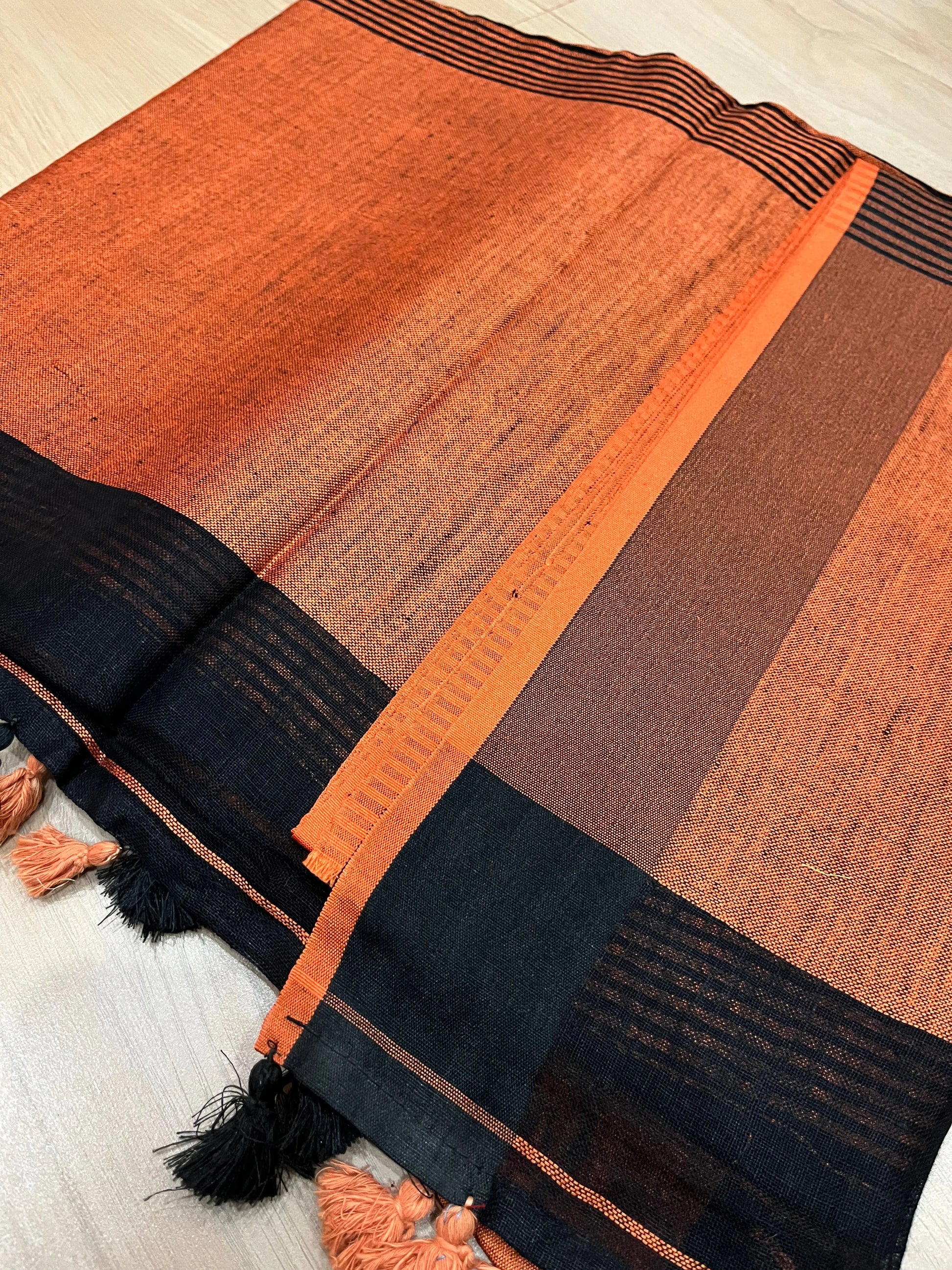 Black Handwoven organic Linen Saree | Contrast border | KIHUMS Saree kihums clothing