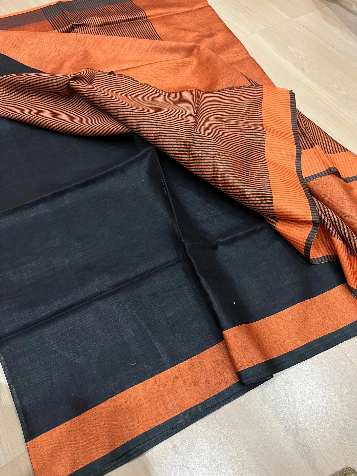 Black Handwoven organic Linen Saree | Contrast border | KIHUMS Saree kihums clothing