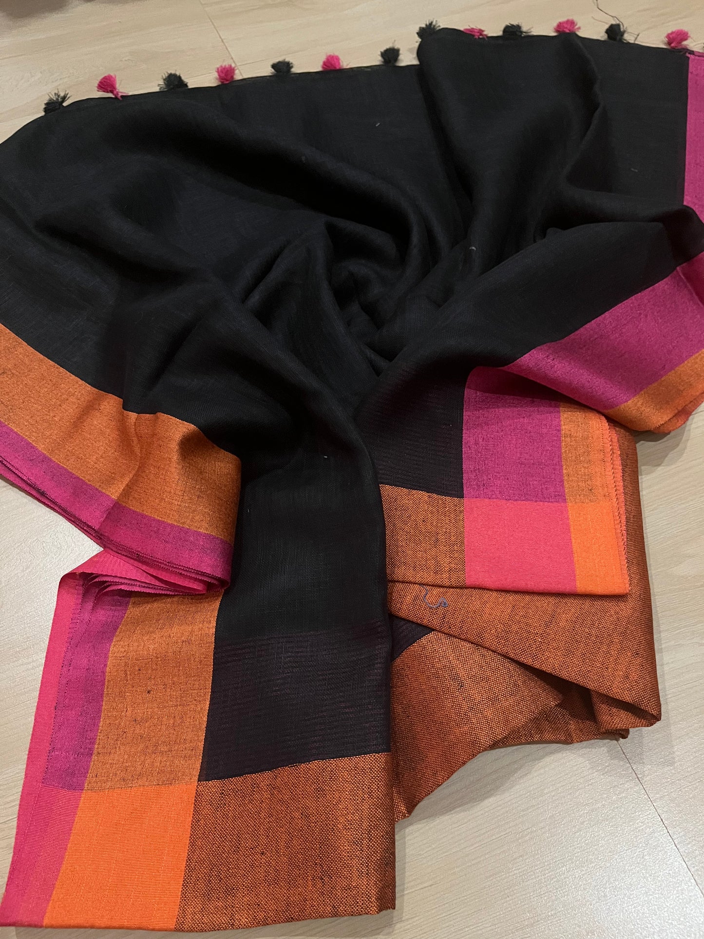 Black Handwoven organic Linen Saree | Contrast border | KIHUMS Saree
