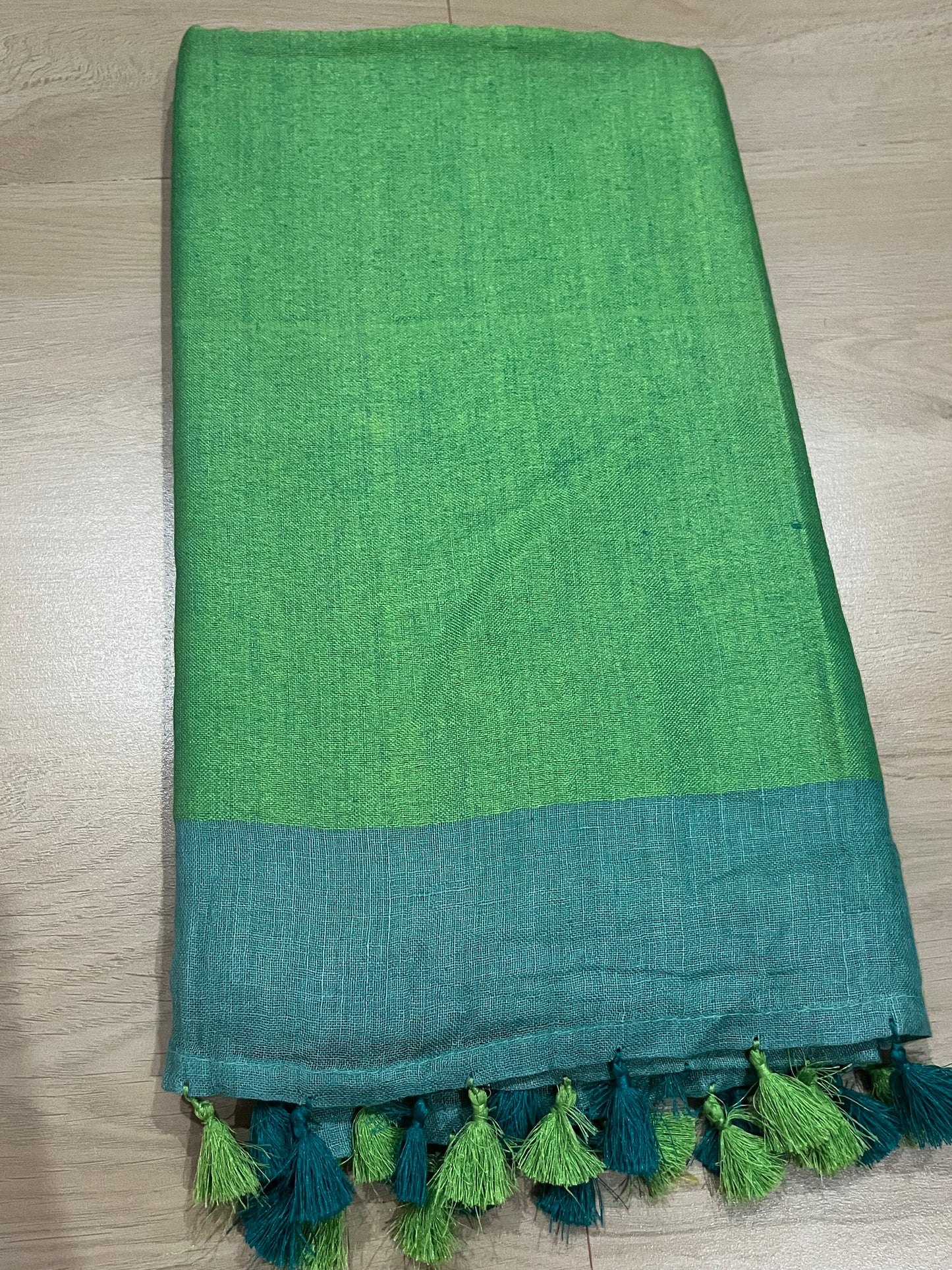 Turquoise shade Handwoven organic Linen Saree | Contrast border| KIHUMS Saree