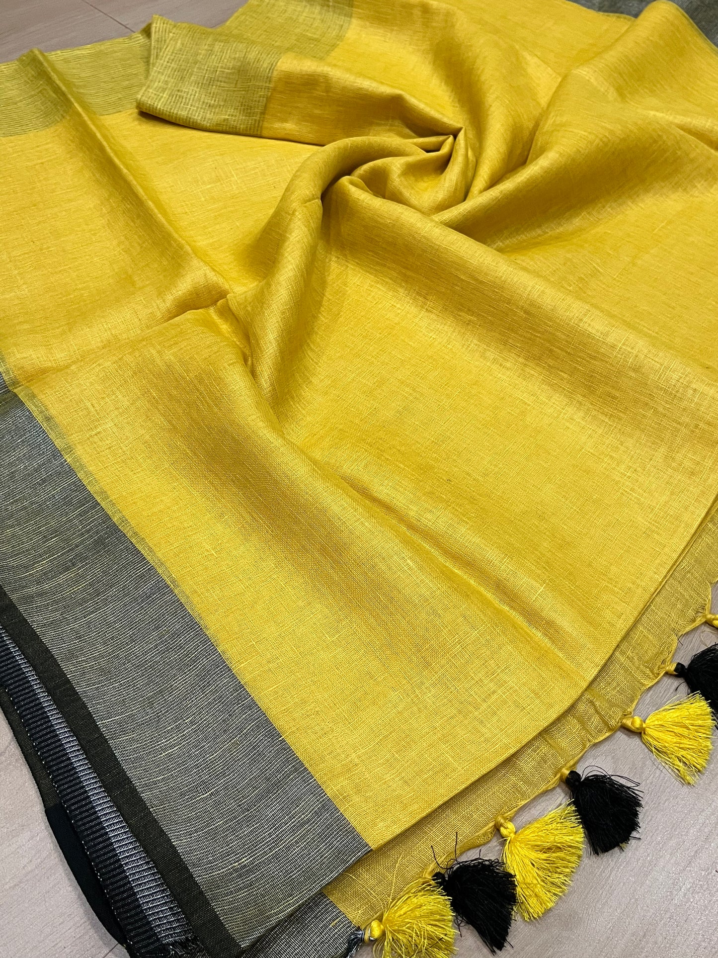 Yellow Handwoven organic Linen Saree | Contrast border | KIHUMS Saree