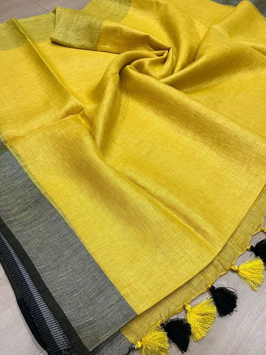 Yellow Handwoven organic Linen Saree | Contrast border | KIHUMS Saree kihums clothing