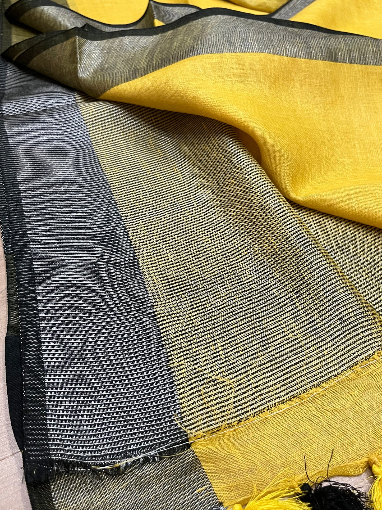 Yellow Handwoven organic Linen Saree | Contrast border | KIHUMS Saree