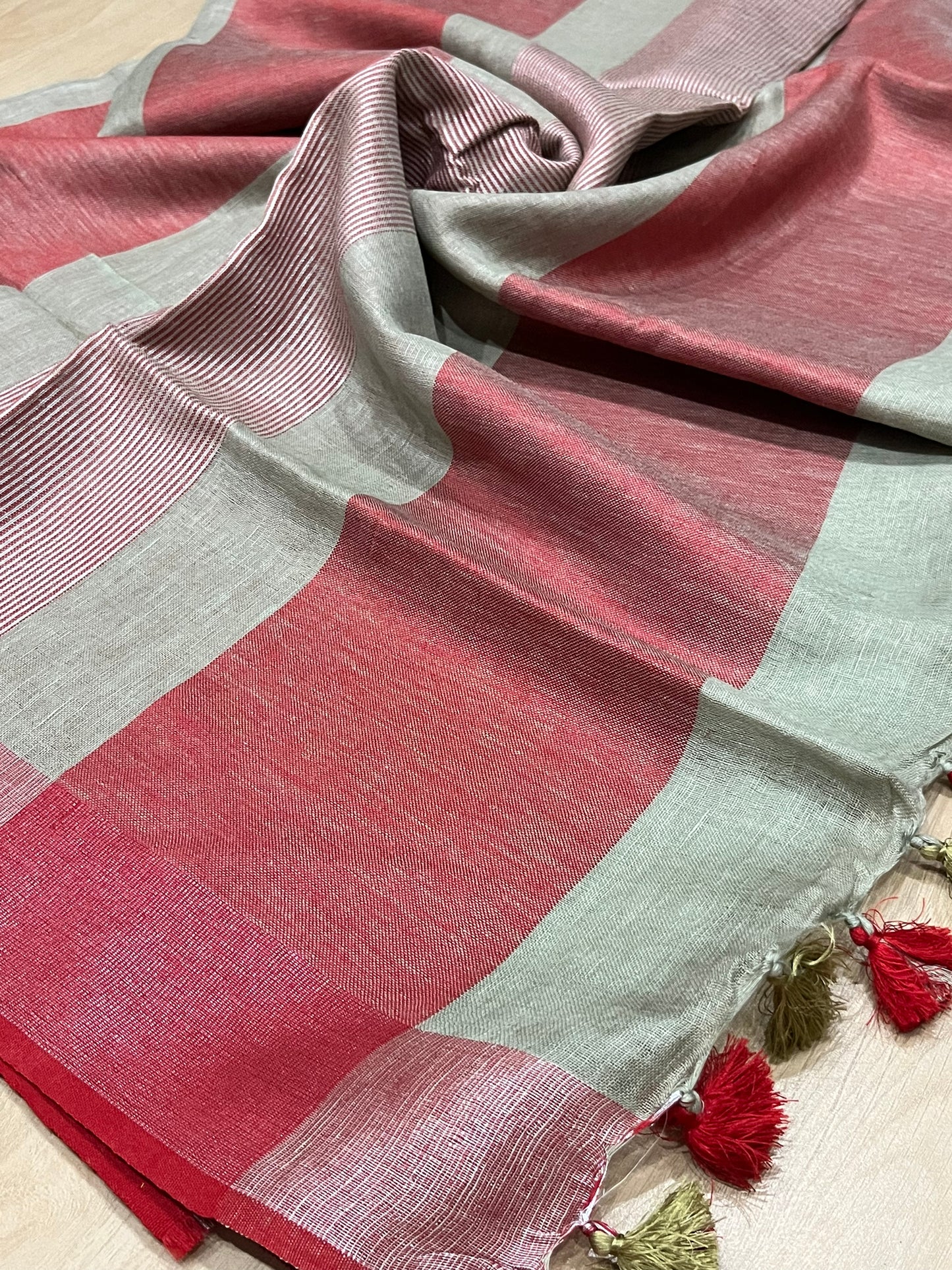 Mint Ash Handwoven organic Linen Saree | Contrast border | KIHUMS Saree