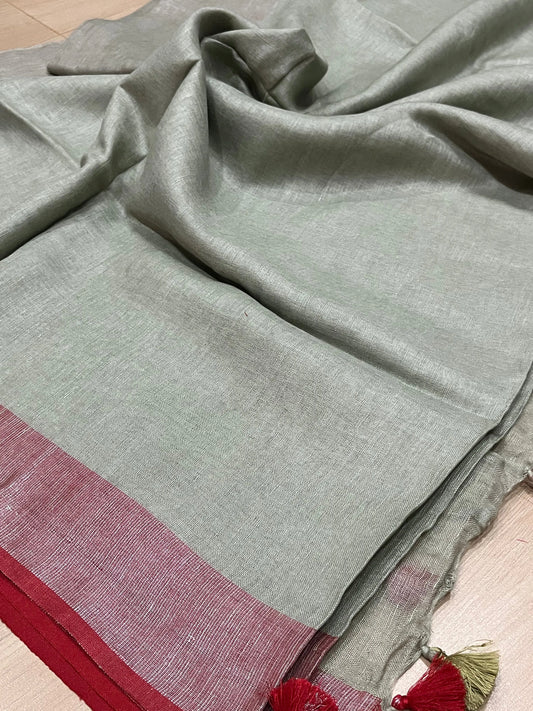 Mint Ash Handwoven organic Linen Saree | Contrast border | KIHUMS Saree kihums clothing