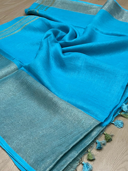 Blue Handwoven organic Linen Saree | Gold zari border | KIHUMS Saree kihums clothing