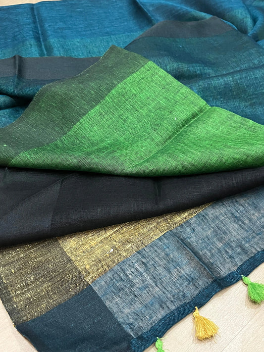 Dark Green & Light green Handwoven organic Linen Saree | Contrast pallu | KIHUMS Saree kihums clothing