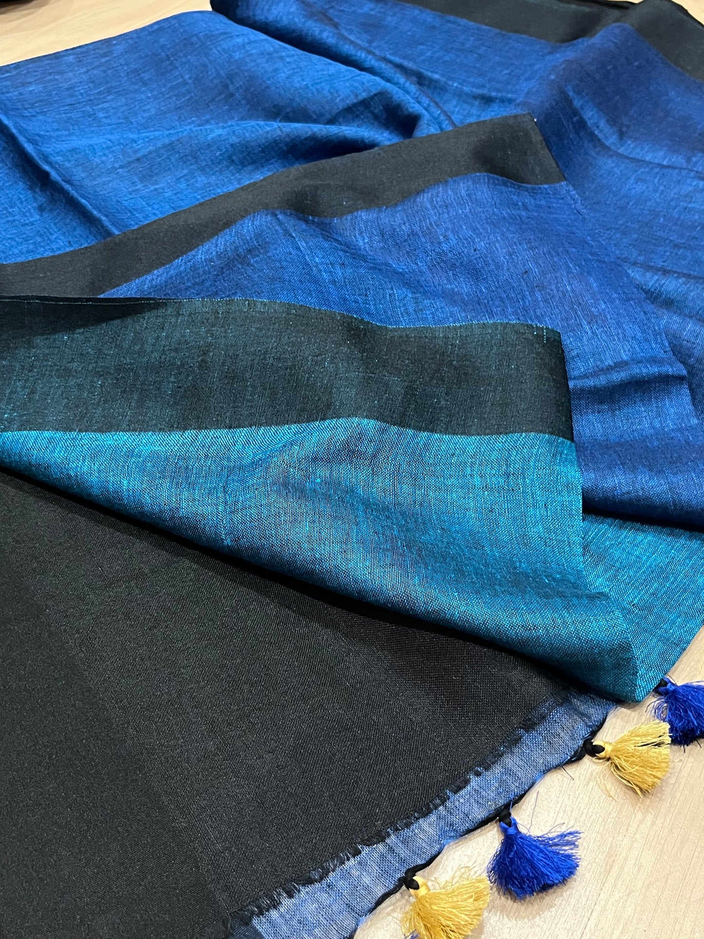 Dark Blue & Light blue Handwoven organic Linen Saree | Contrast pallu | KIHUMS Saree