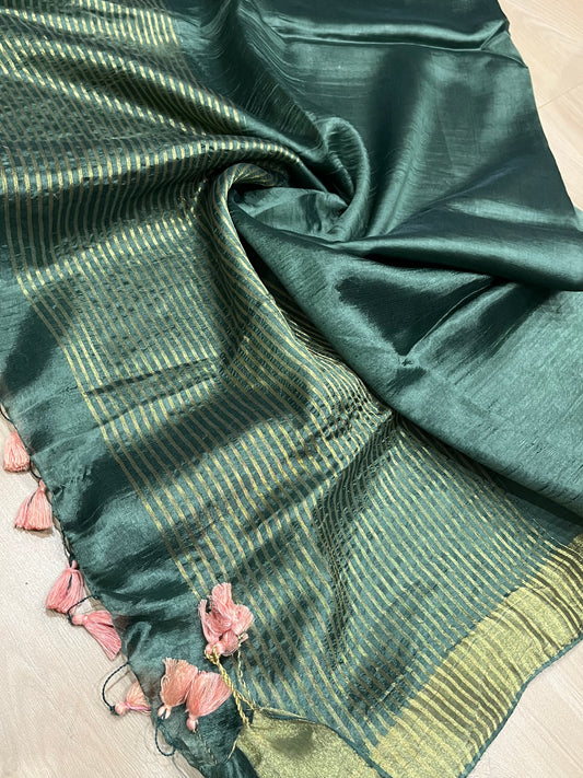 Dark Green Handmade Silk Viscose Saree | Gold Zari Border | KIHUMS Saree