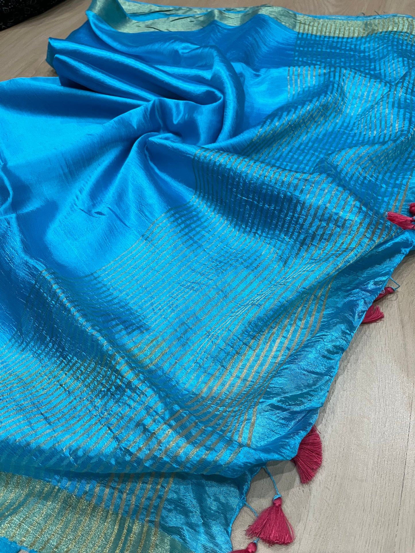 Bright Blue Handmade Silk Viscose Saree | Gold Zari Border | KIHUMS Saree