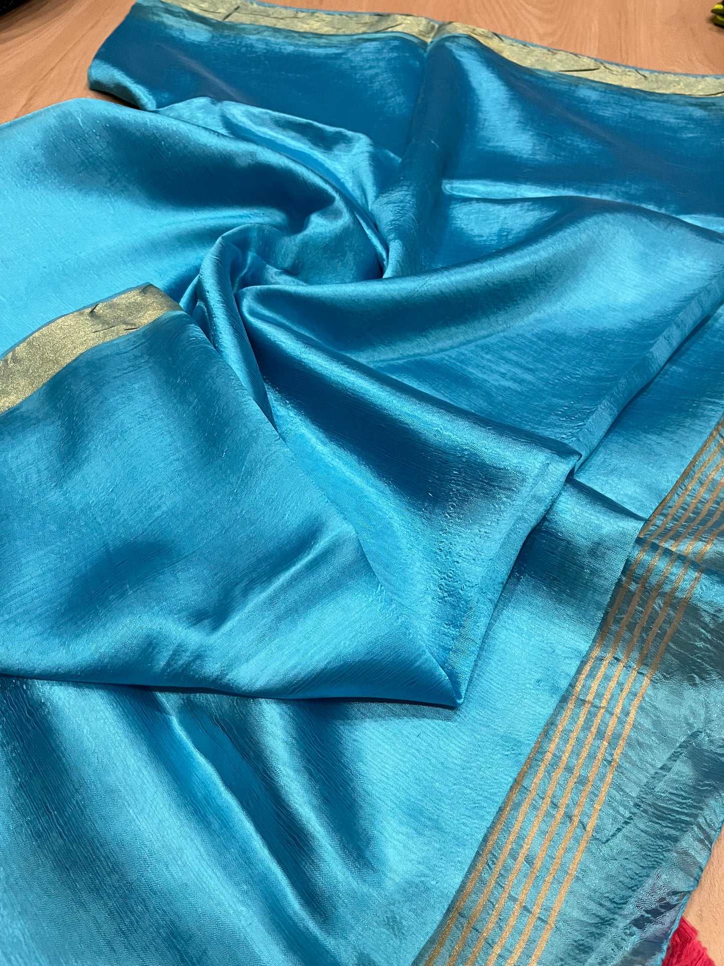 Bright Blue Handmade Silk Viscose Saree | Gold Zari Border | KIHUMS Saree