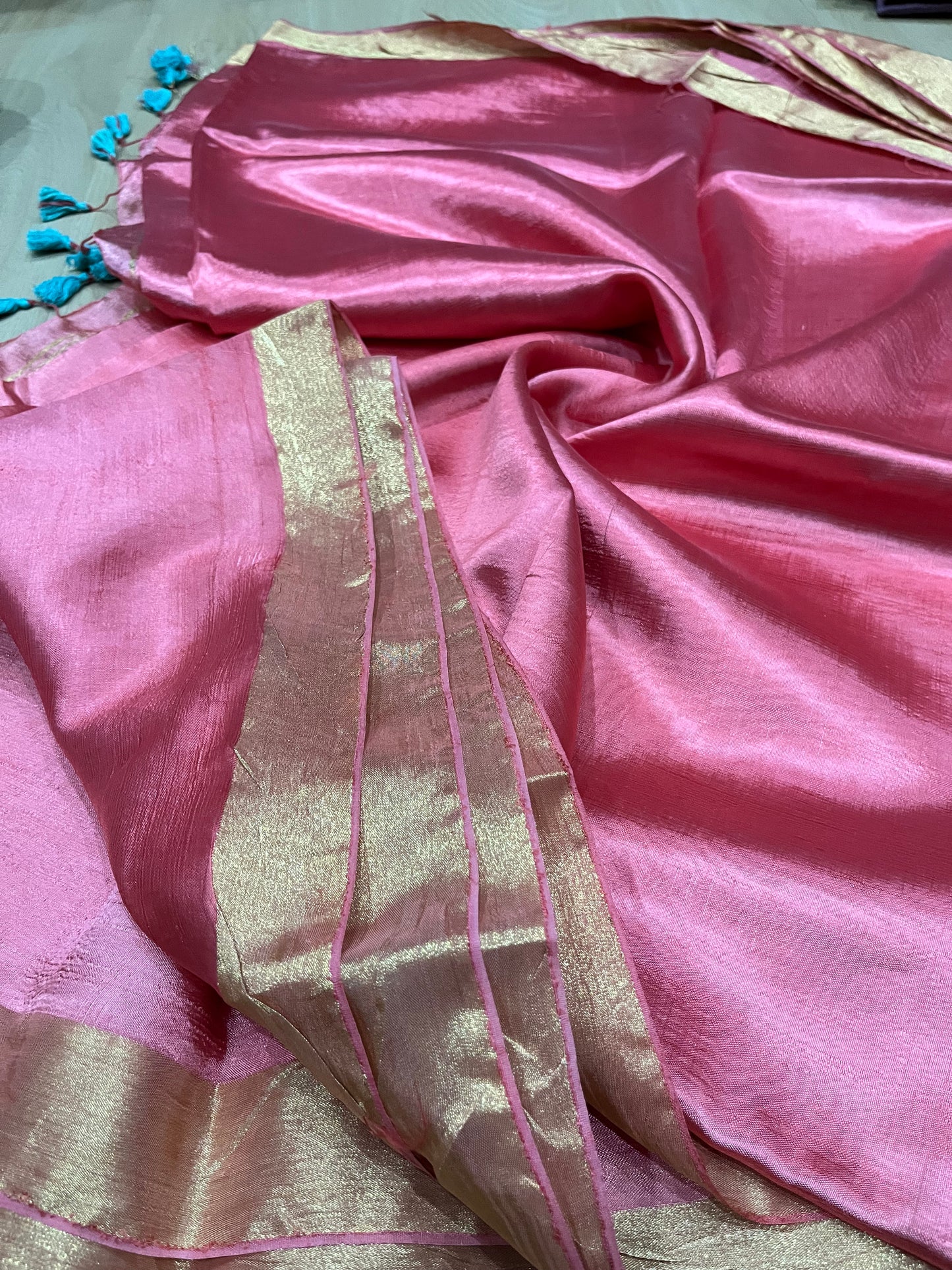 Salmon Pink Handmade Silk Viscose Saree | Gold Zari Border | KIHUMS Saree