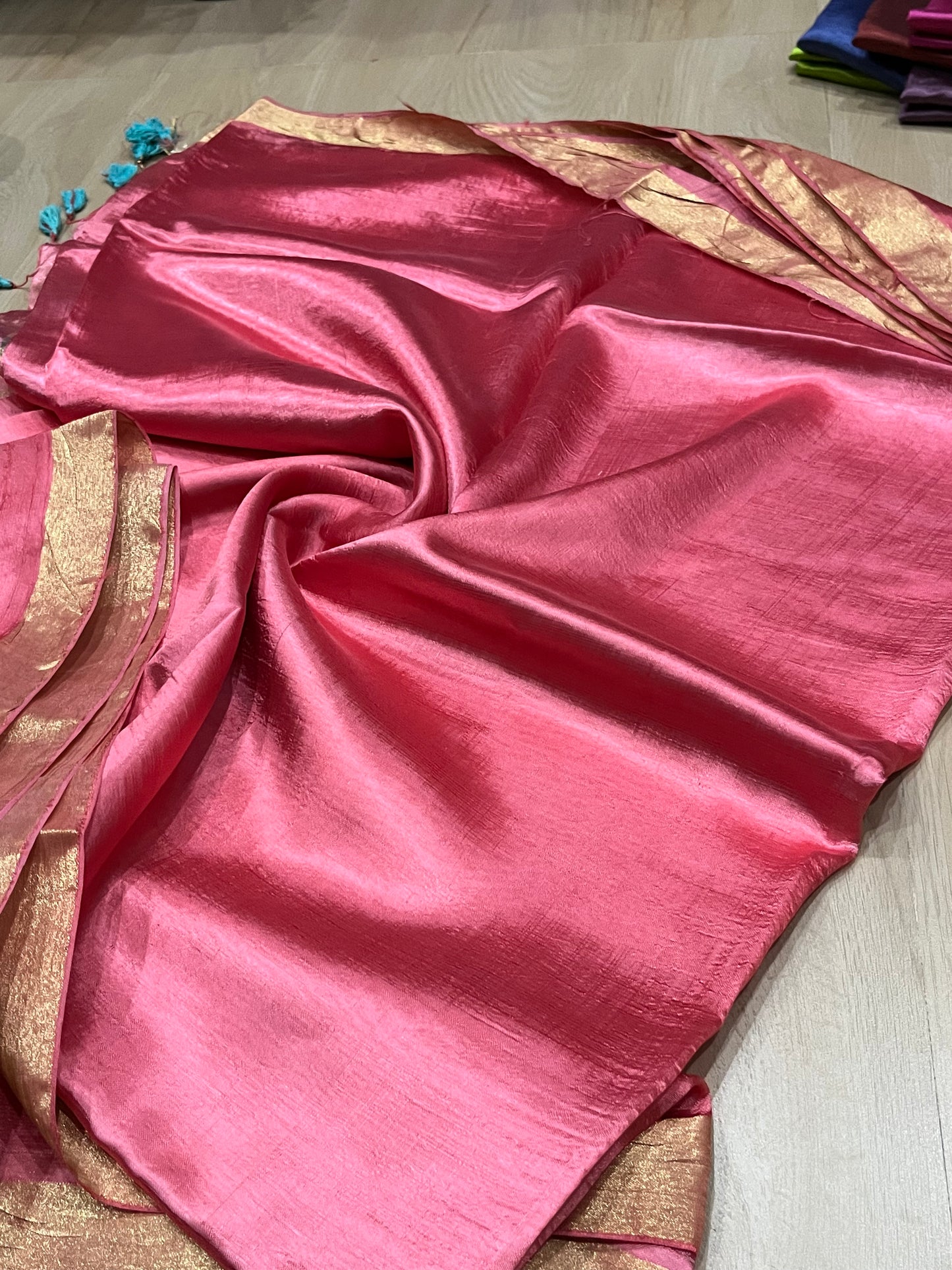 Salmon Pink Handmade Silk Viscose Saree | Gold Zari Border | KIHUMS Saree