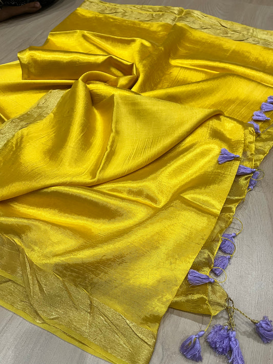 Golden Yellow Handmade Silk Viscose Saree | Gold Zari Border | KIHUMS Saree