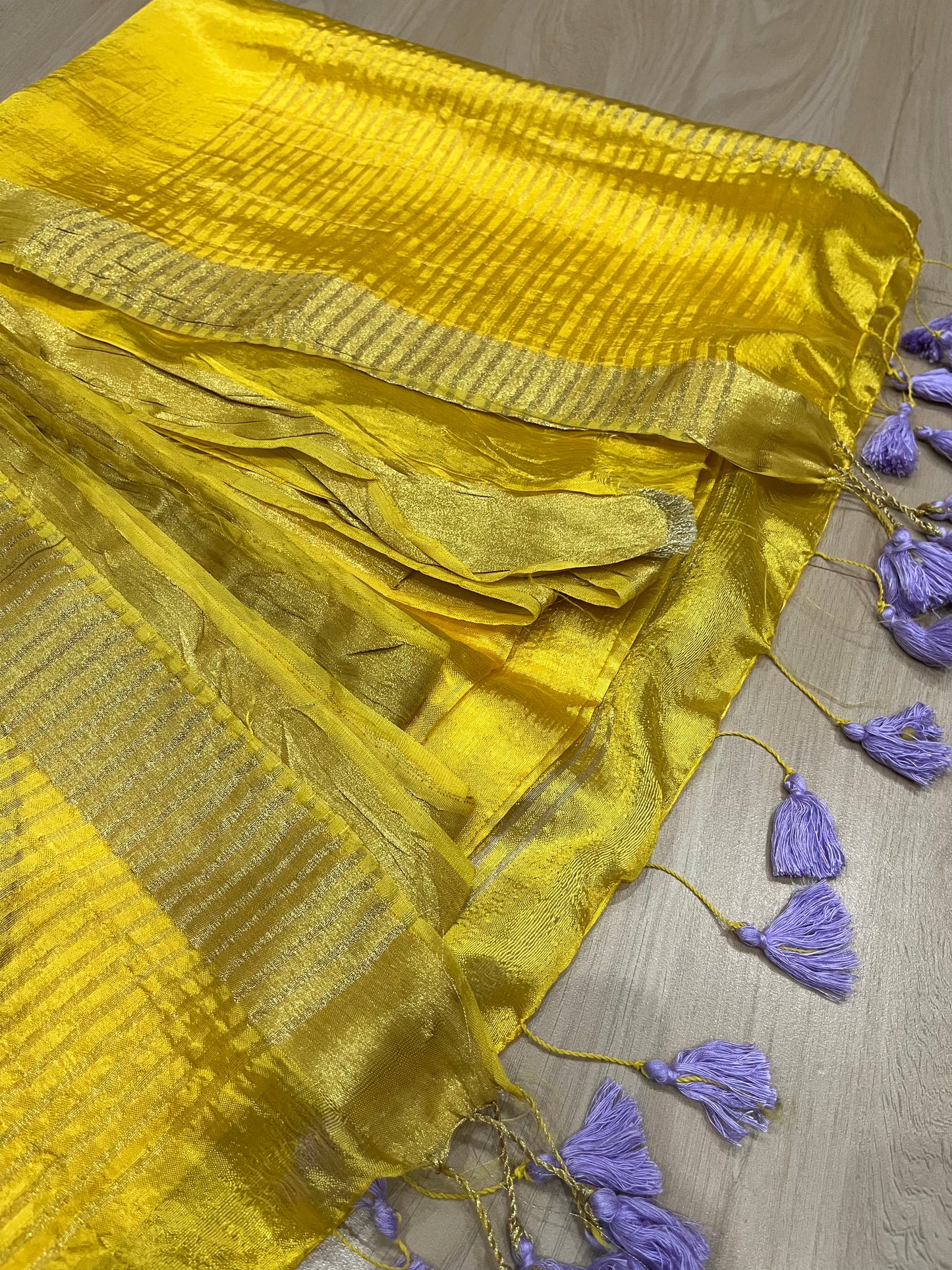 Golden Yellow Handmade Silk Viscose Saree | Gold Zari Border | KIHUMS Saree