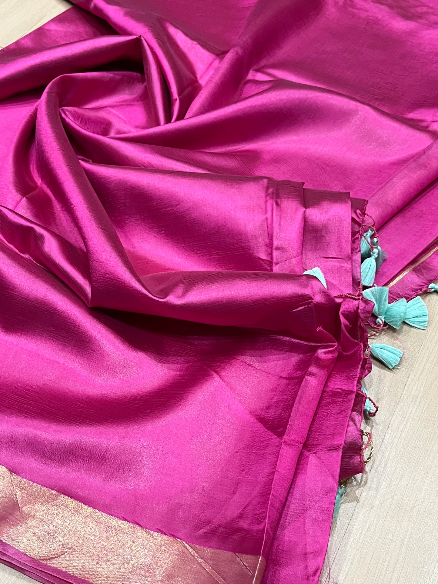 Hot Pink Handmade Silk Viscose Saree | Gold Zari Border | KIHUMS Saree