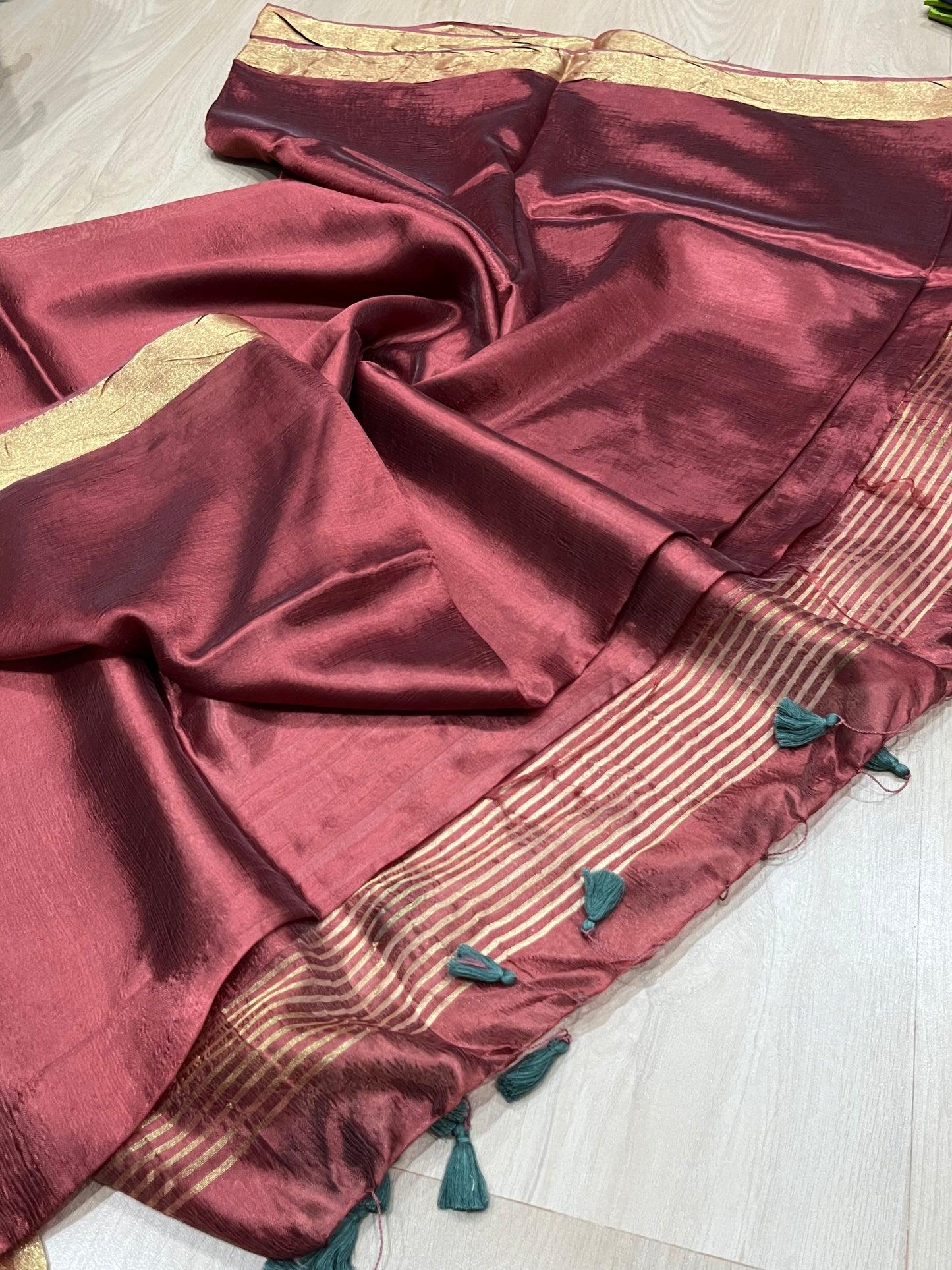 Chocolate shade Handmade Silk Viscose Saree | Gold Zari Border | KIHUMS Saree