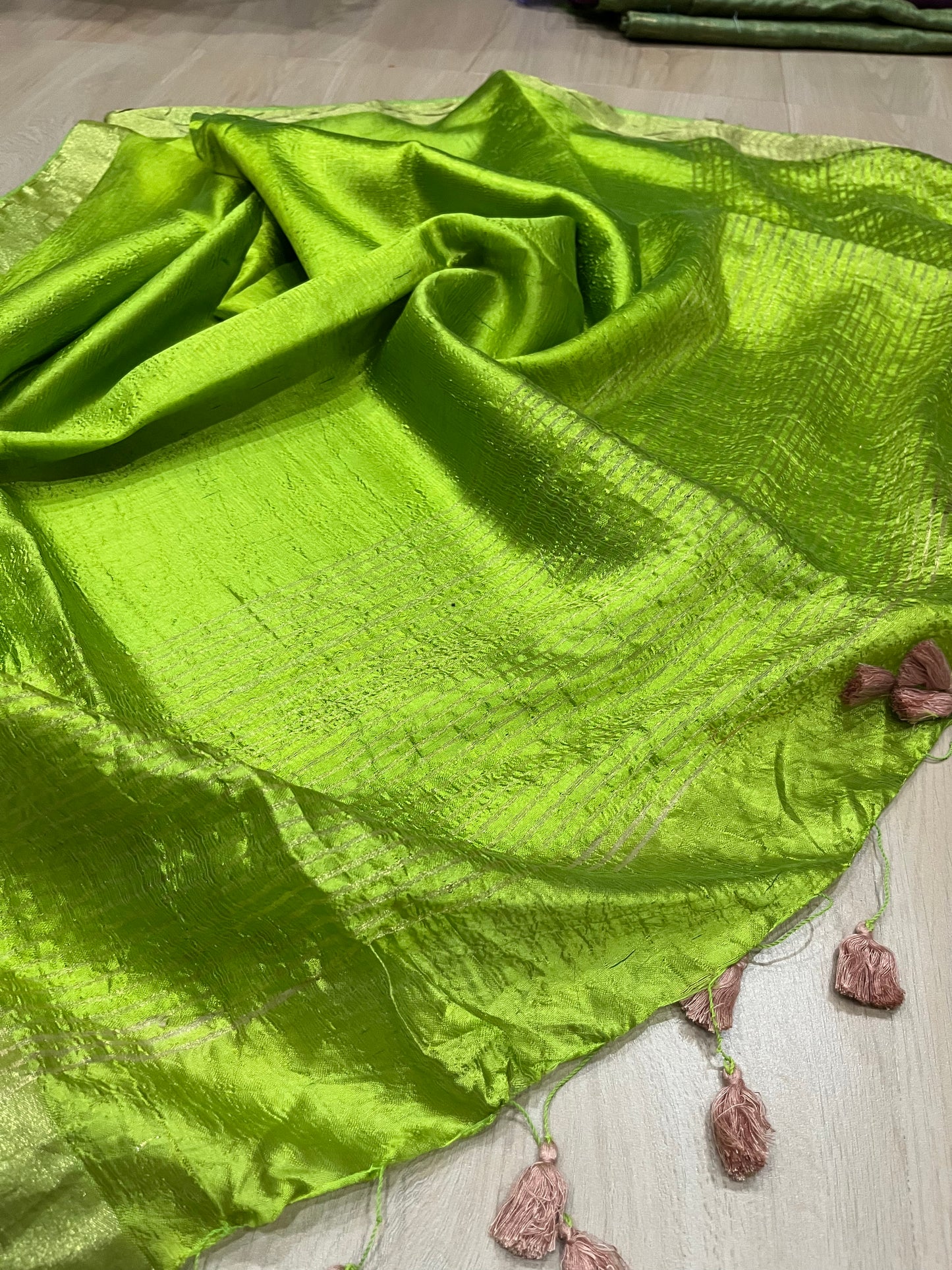 Bright Green Handmade Silk Viscose Saree | Gold Zari Border | KIHUMS Saree