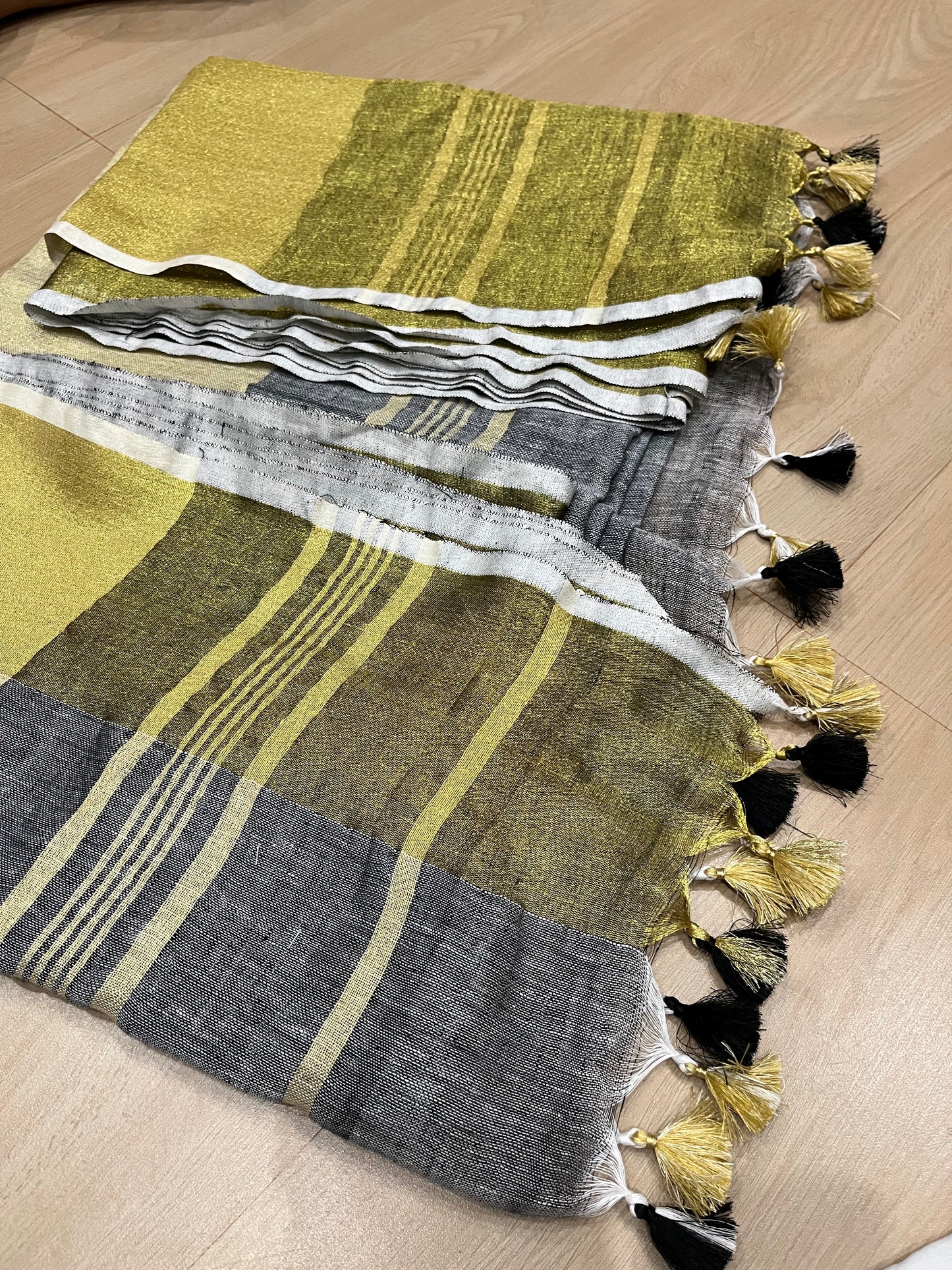 Grey Handwoven organic Linen Saree | Gold zari border | KIHUMS Saree