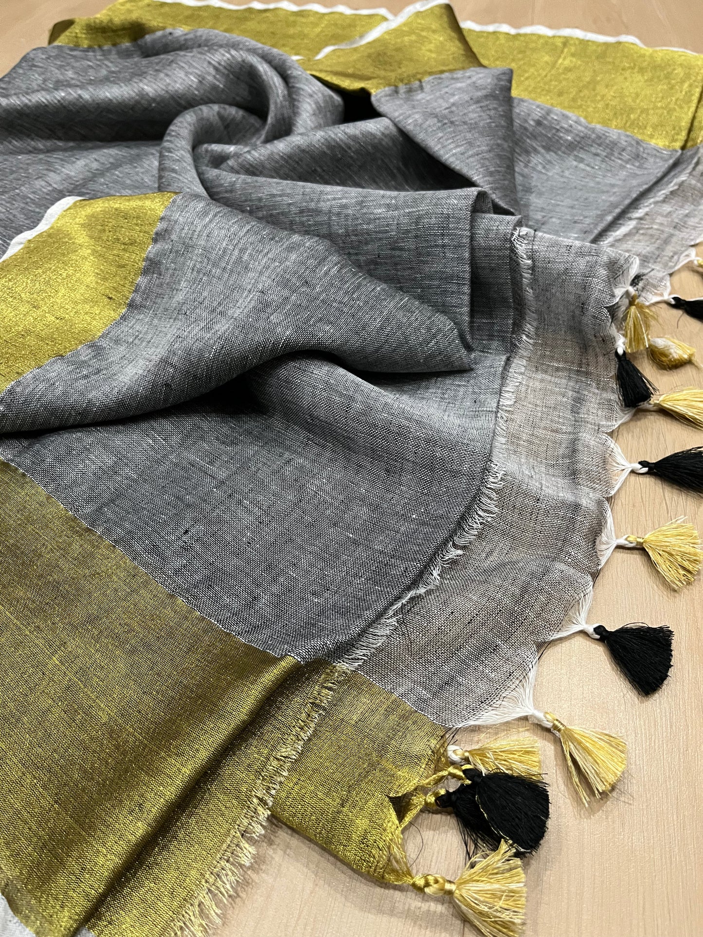 Grey Handwoven organic Linen Saree | Gold zari border | KIHUMS Saree