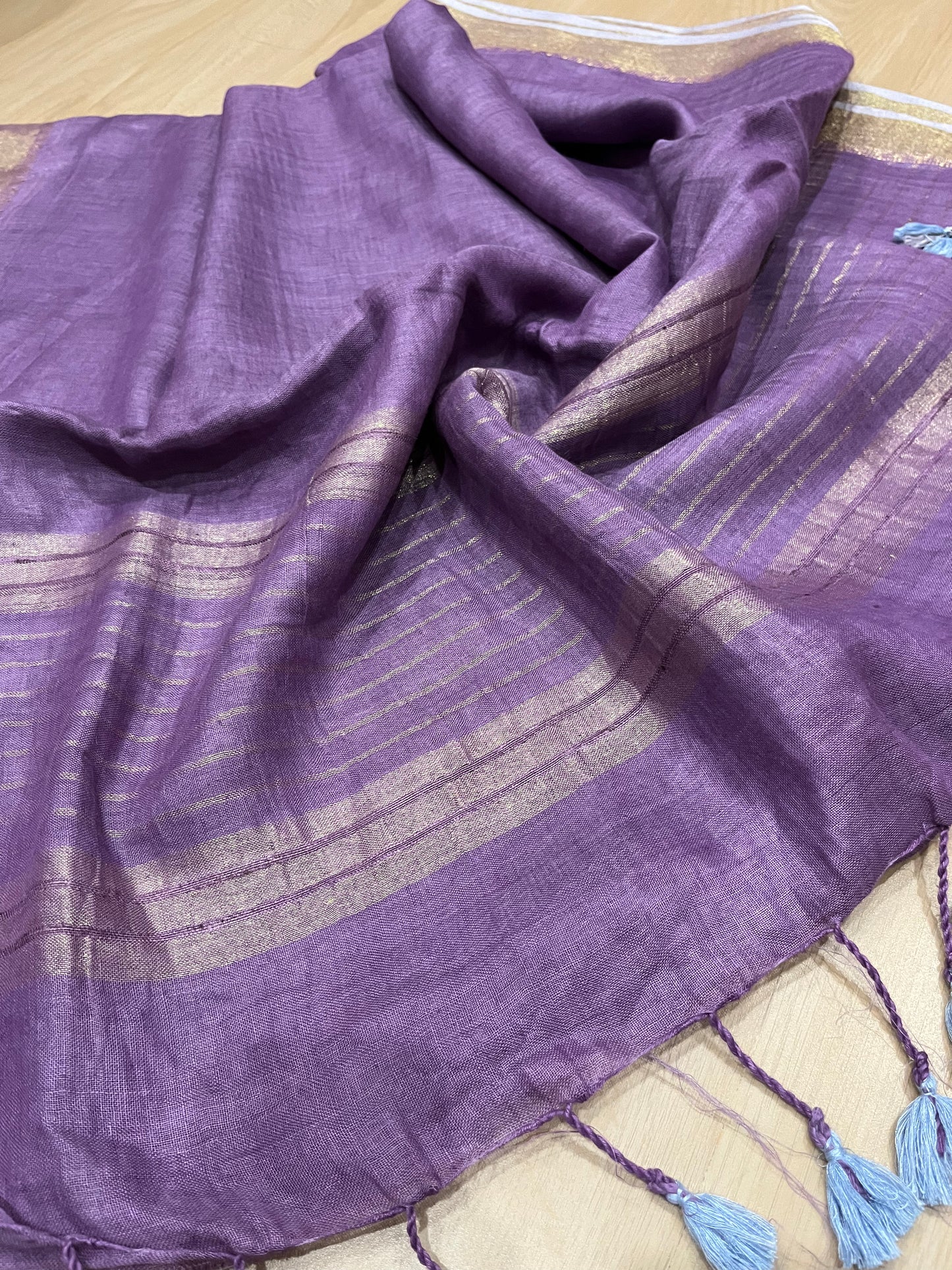 Brinjal shade Handwoven organic Linen Saree | Gold Zari border | KIHUMS Saree