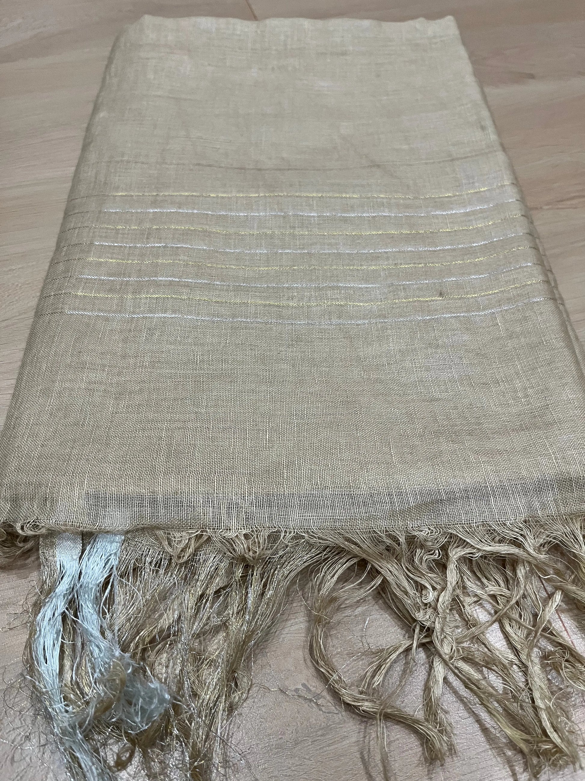 Beige shade Handwoven organic Linen Saree | Gold Zari border | KIHUMS Saree kihums clothing