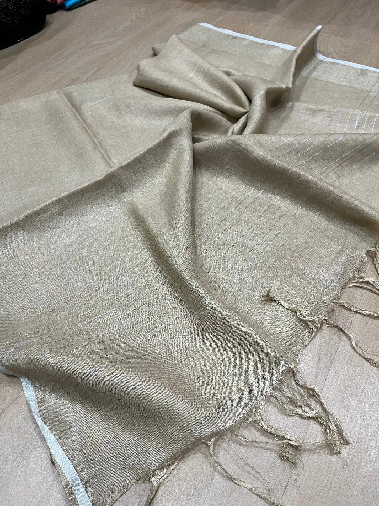 Beige shade Handwoven organic Linen Saree | Gold Zari border | KIHUMS Saree kihums clothing