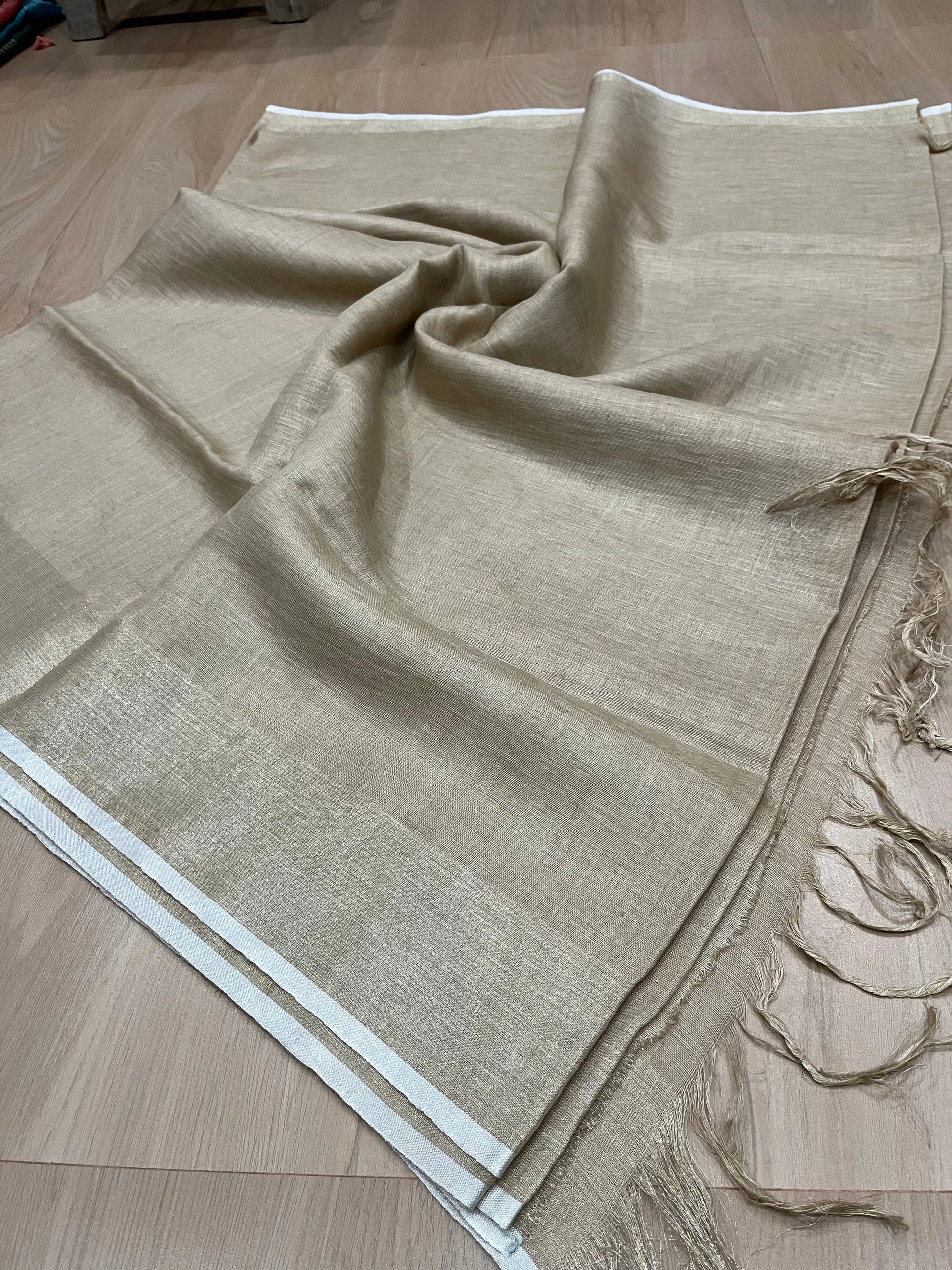 Beige shade Handwoven organic Linen Saree | Gold Zari border | KIHUMS Saree kihums clothing