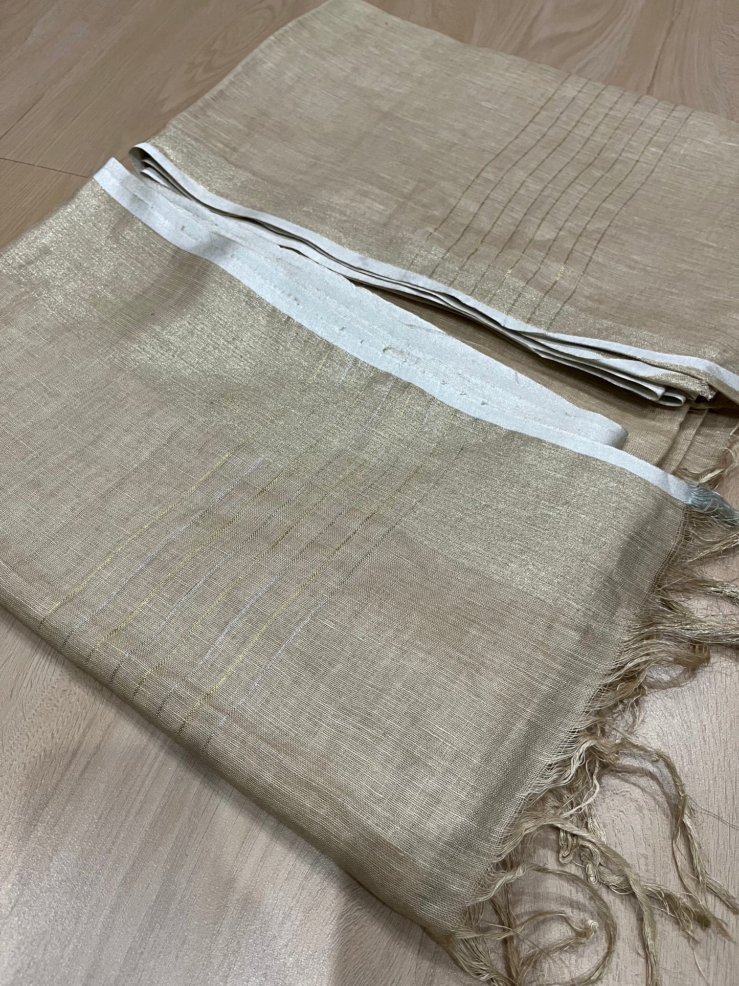 Beige shade Handwoven organic Linen Saree | Gold Zari border | KIHUMS Saree