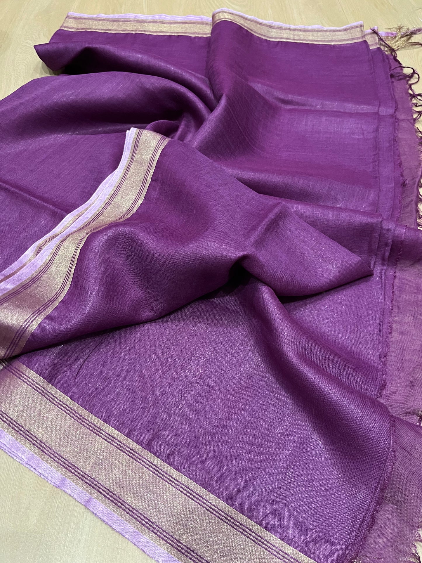 Purple shade Handwoven organic Linen Saree | Gold Zari border | KIHUMS Saree