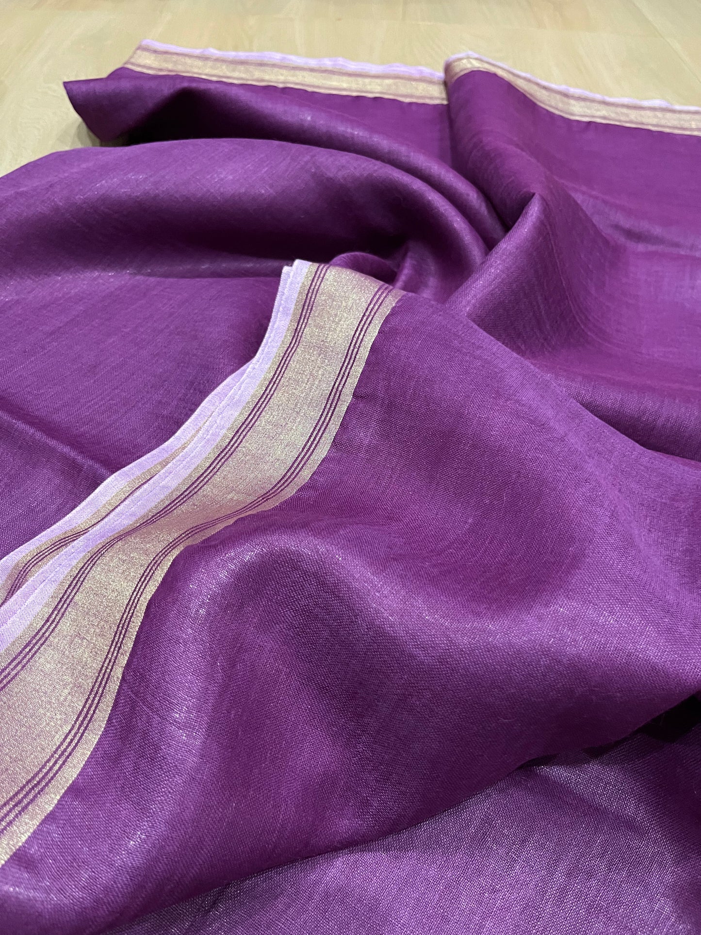 Purple shade Handwoven organic Linen Saree | Gold Zari border | KIHUMS Saree
