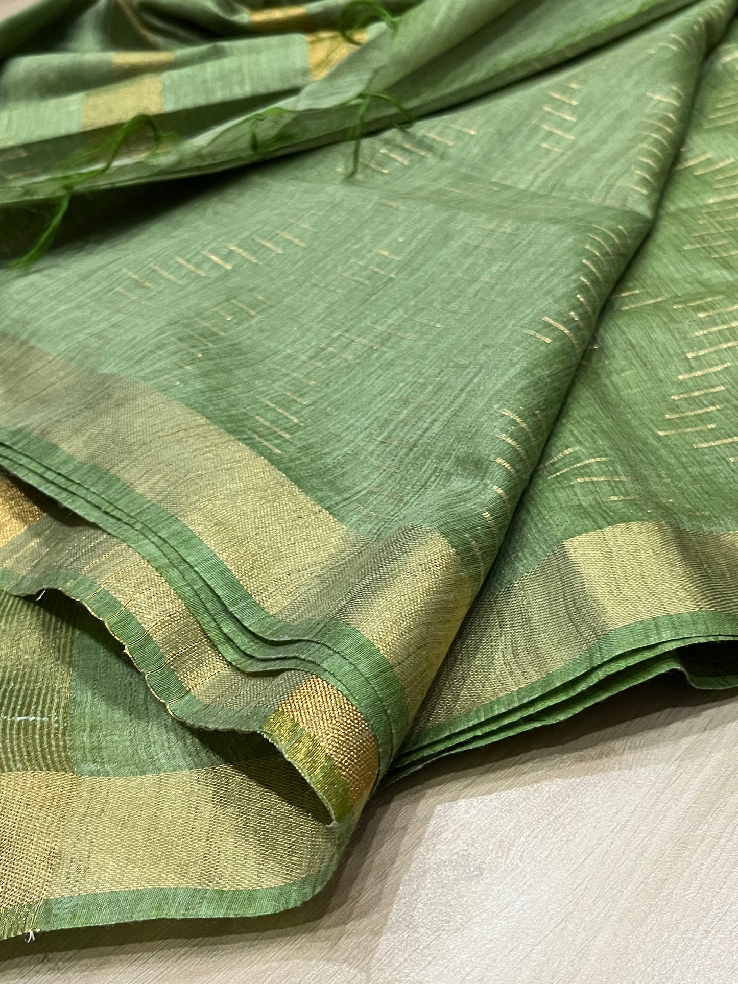Bottle green shade Handwoven organic Linen Saree | Gold Zari border | KIHUMS Saree