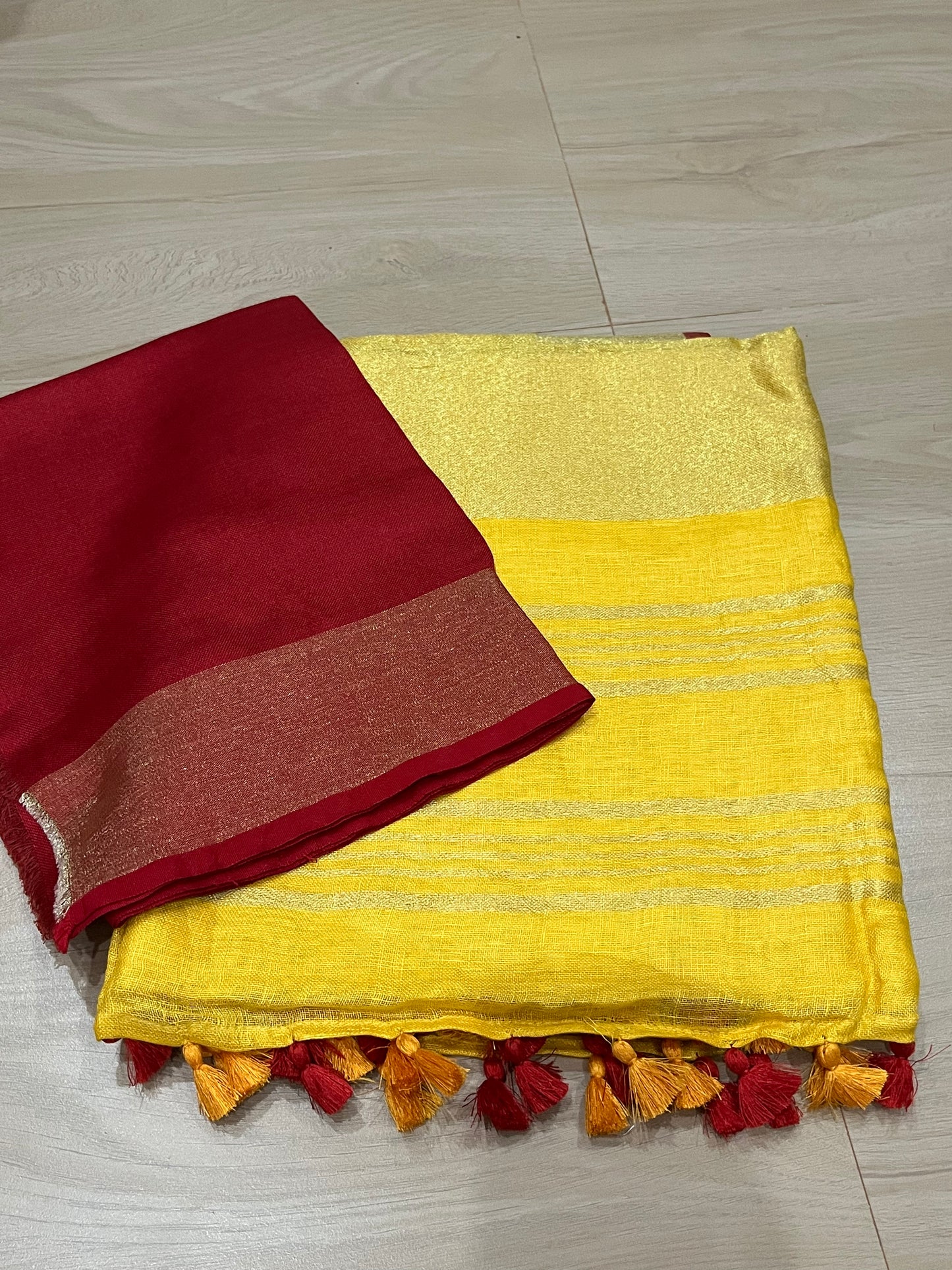 Yellow Handwoven organic Linen Saree | Gold zari border | KIHUMS Saree