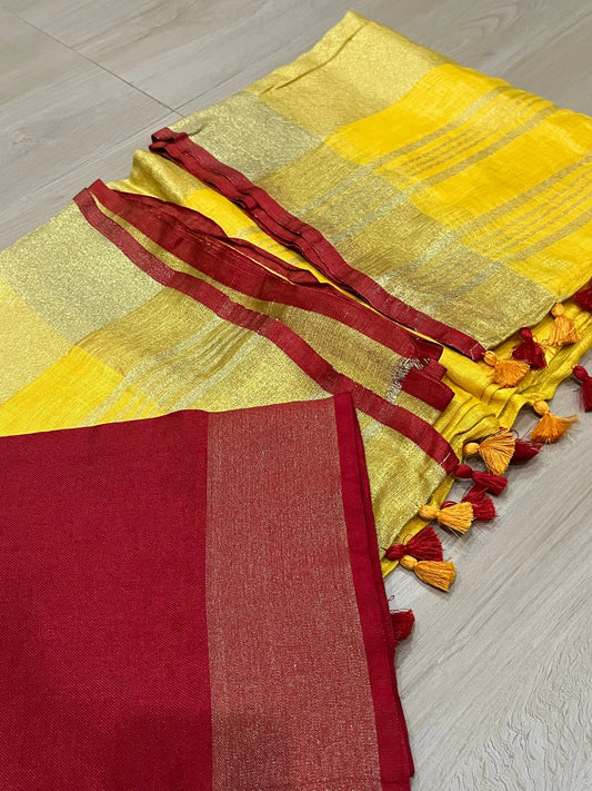 Yellow Handwoven organic Linen Saree | Gold zari border | KIHUMS Saree kihums clothing