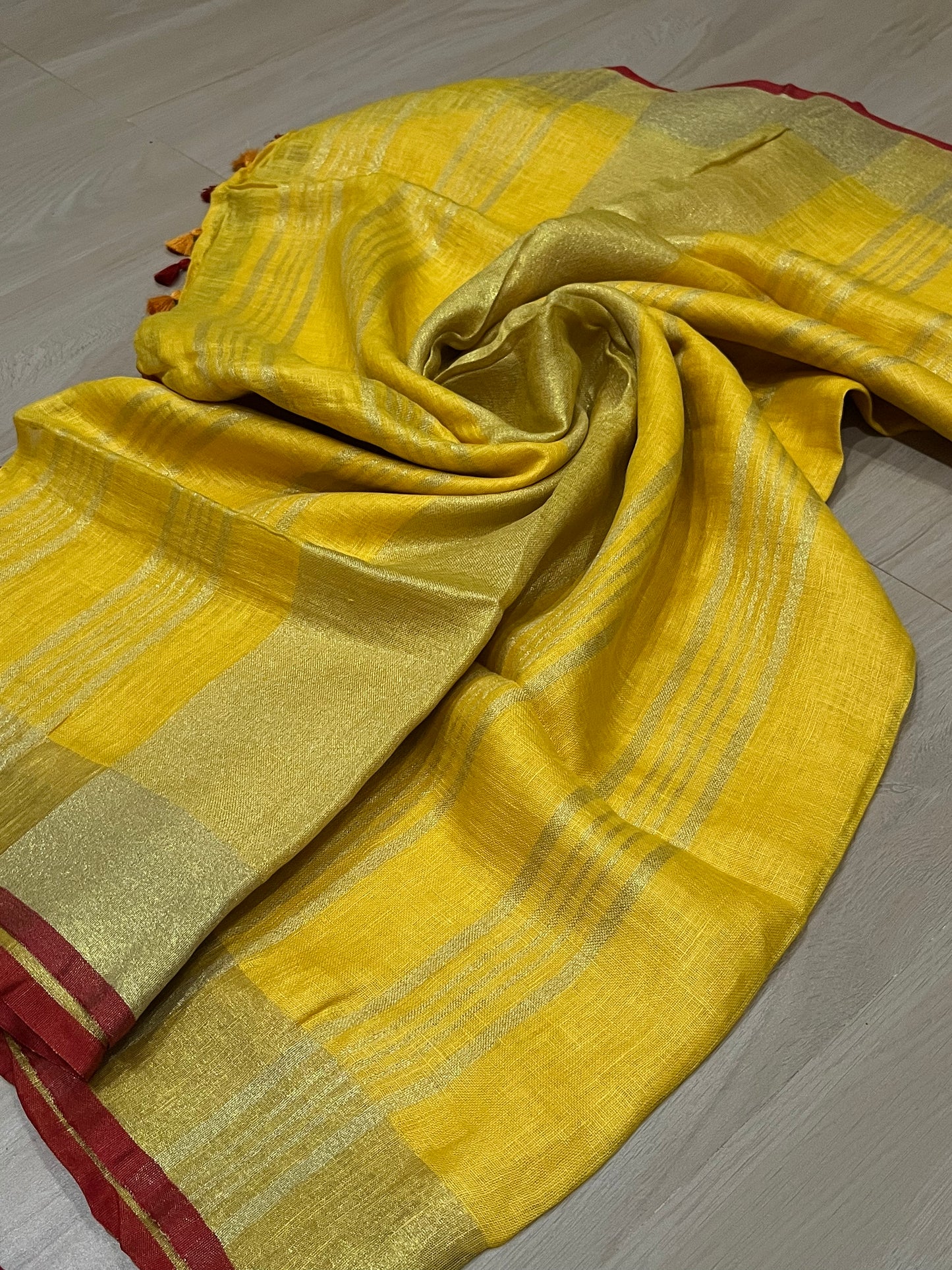 Yellow Handwoven organic Linen Saree | Gold zari border | KIHUMS Saree