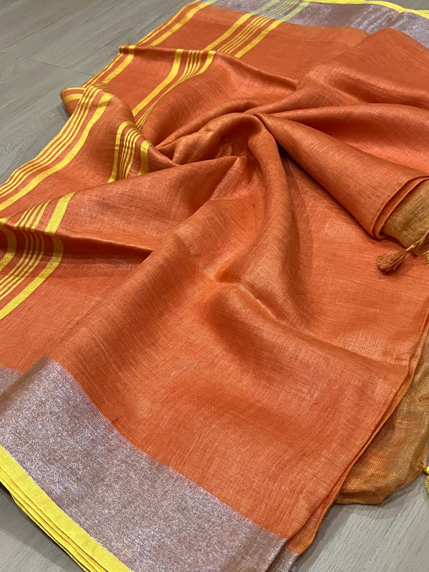 Orange Handwoven organic Linen Saree | Gold zari border | KIHUMS Saree