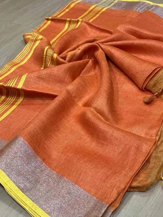 Orange Handwoven organic Linen Saree | Gold zari border | KIHUMS Saree kihums clothing