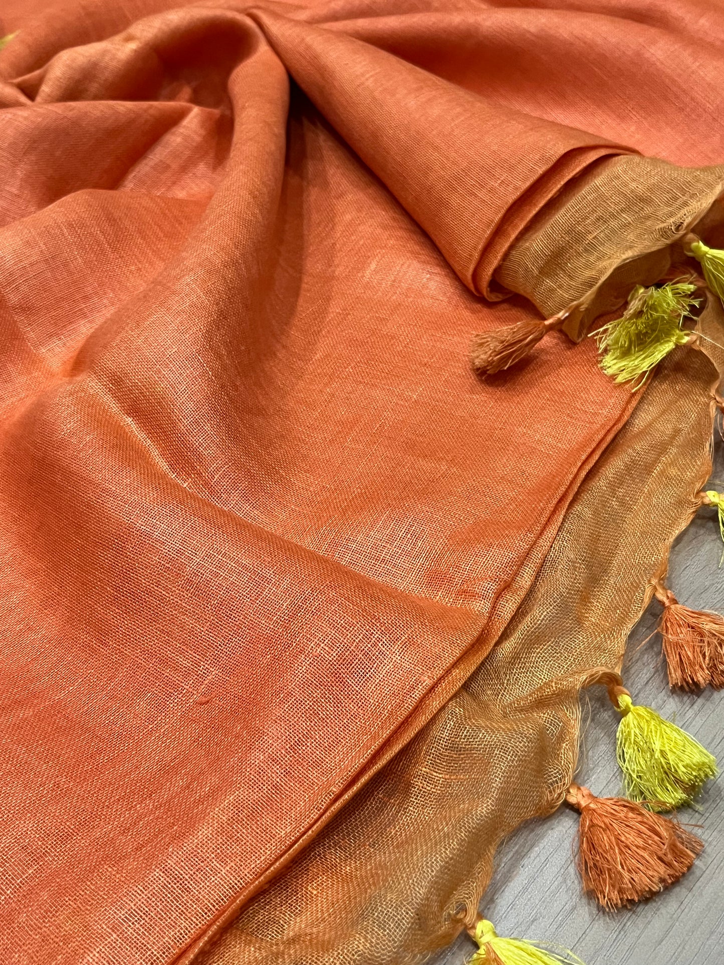 Orange Handwoven organic Linen Saree | Gold zari border | KIHUMS Saree