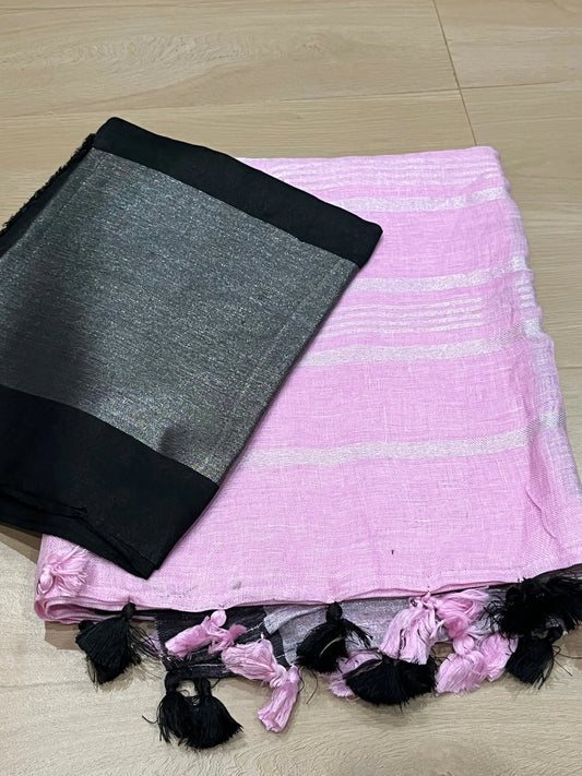 Pink shade Handwoven organic Linen Saree | Silver zari border | KIHUMS Saree kihums clothing