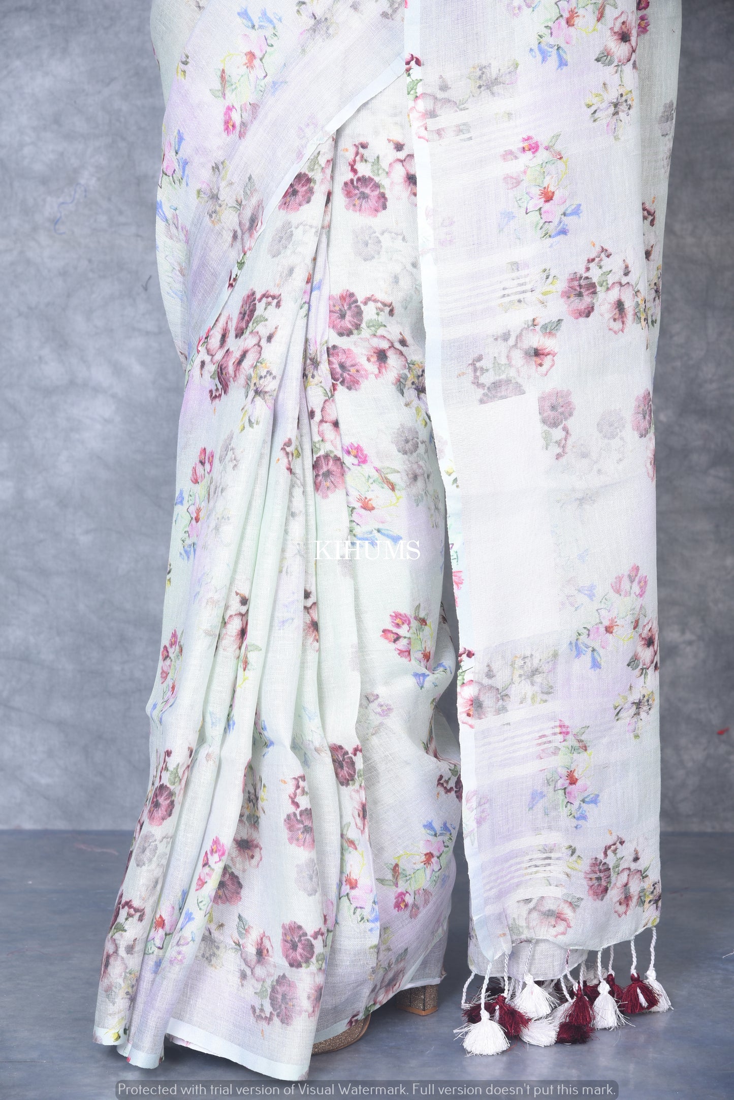 White Floral Print linen saree I Silver Zari Border I Handwoven Saree I Pretty Sari | KIHUMS Saree