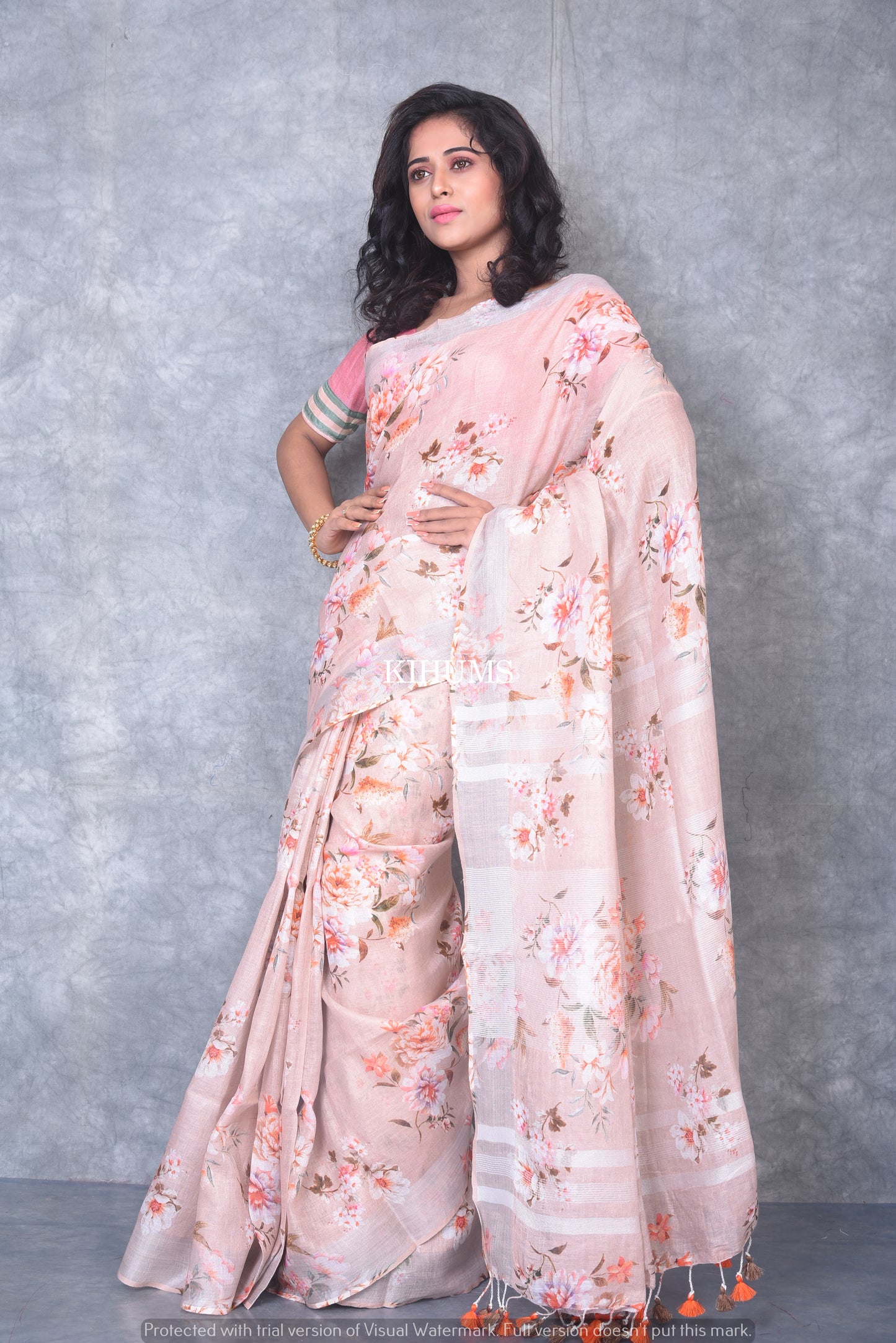 Peach Floral Print linen saree I Silver Zari Border I Handwoven Saree I Pretty Sari | KIHUMS Saree